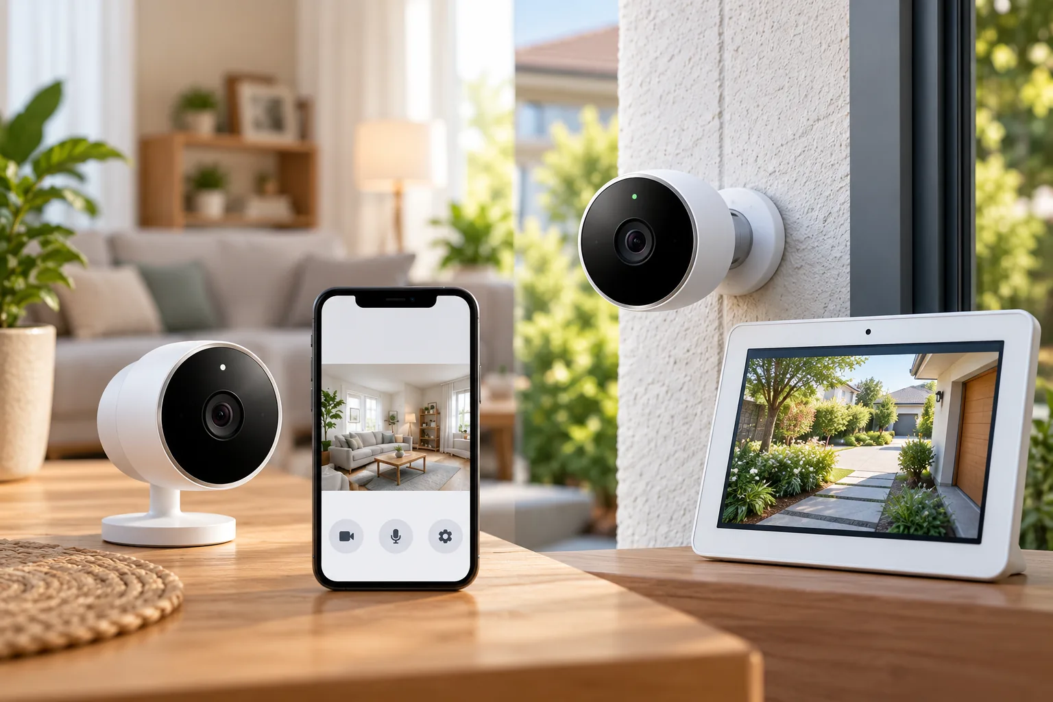 Concept illustration of home security cameras beside a phone and a display showing camera views.