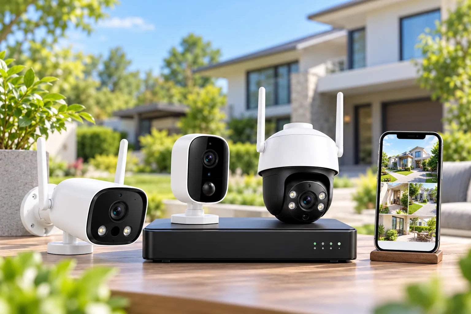 Illustration of wireless security cameras, a recorder and a phone displaying home camera views.