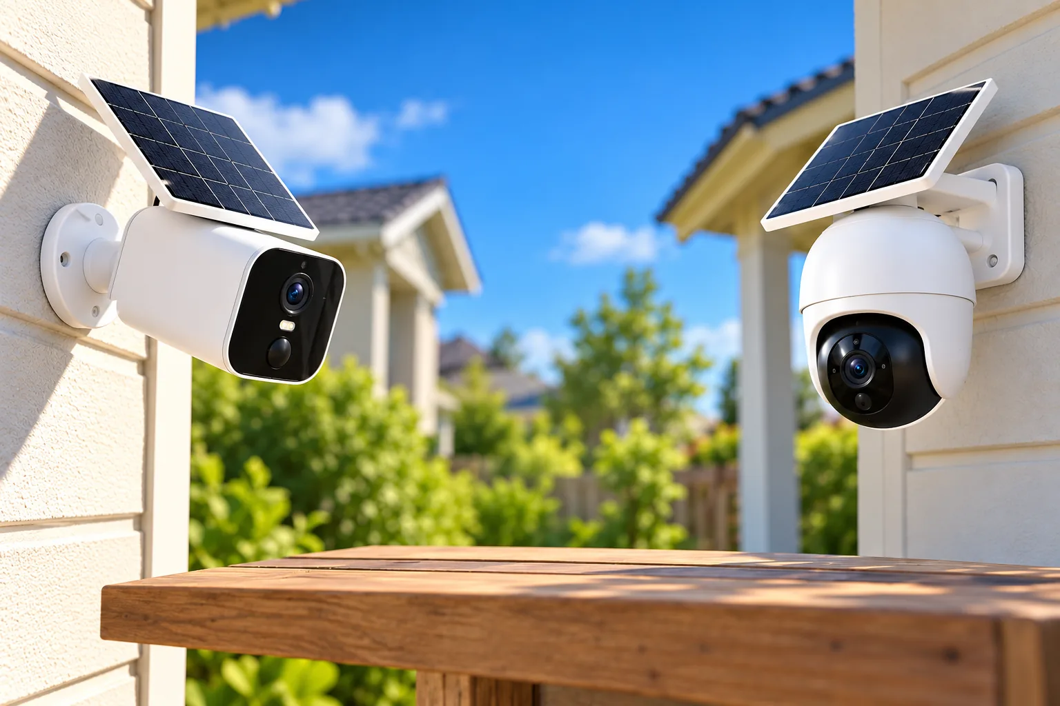 Illustration of fixed-view and pan-and-tilt outdoor cameras with solar panels.