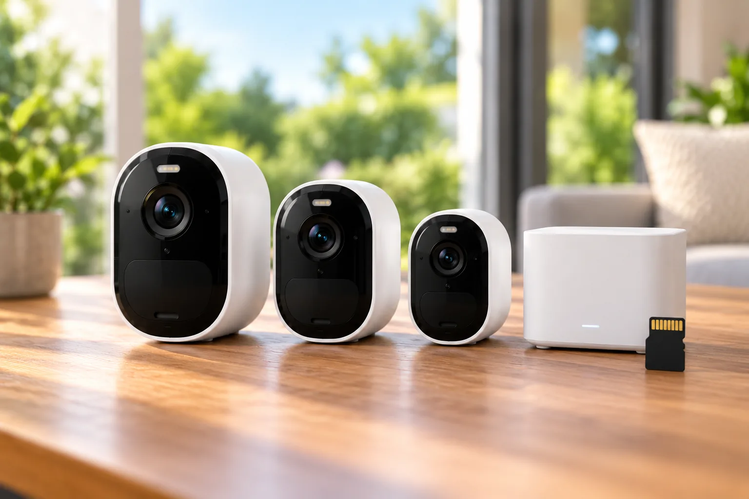 Concept illustration of three compact security cameras with a recording hub and memory card.
