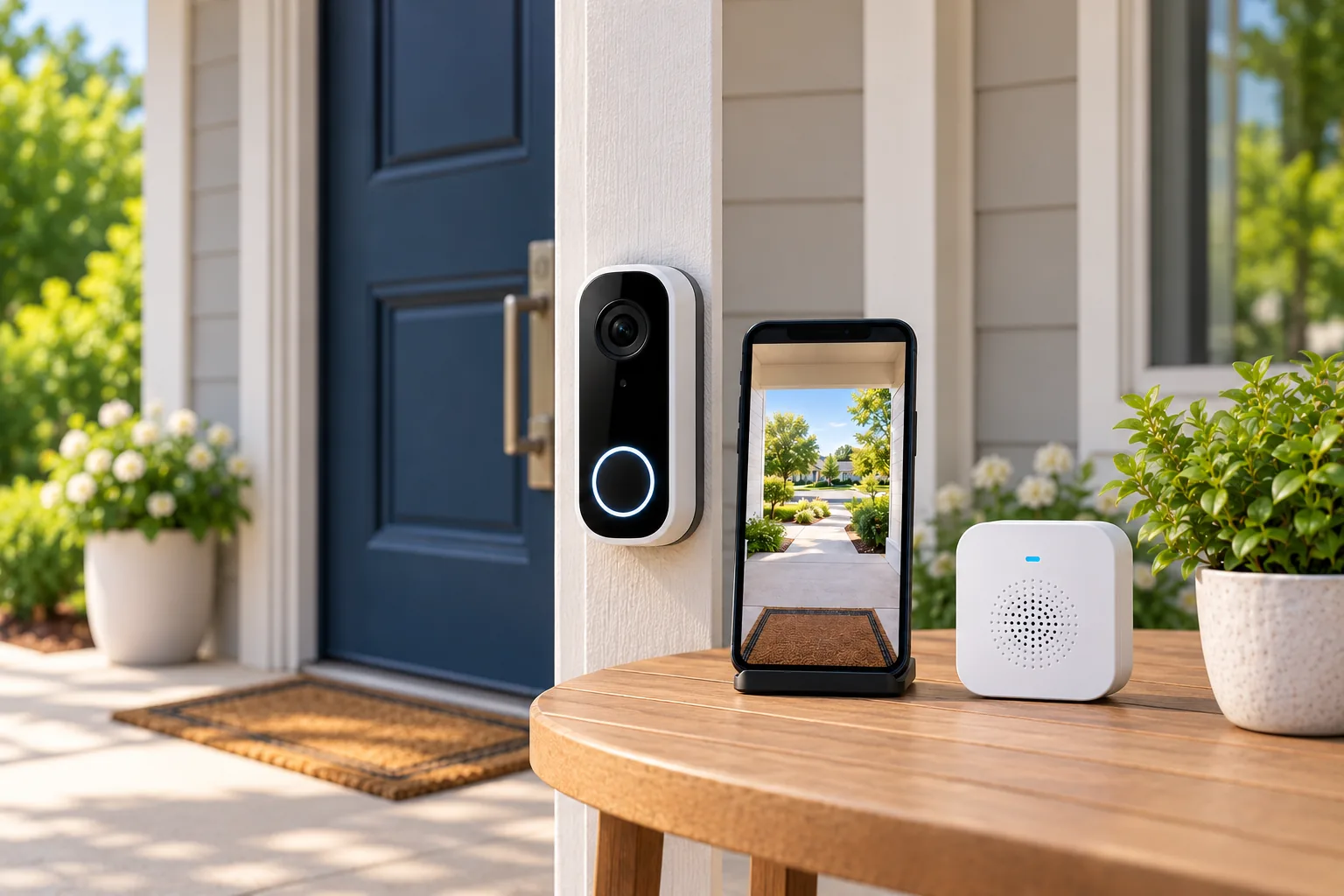 Concept illustration of a video doorbell beside a phone showing a porch view and a compact chime.
