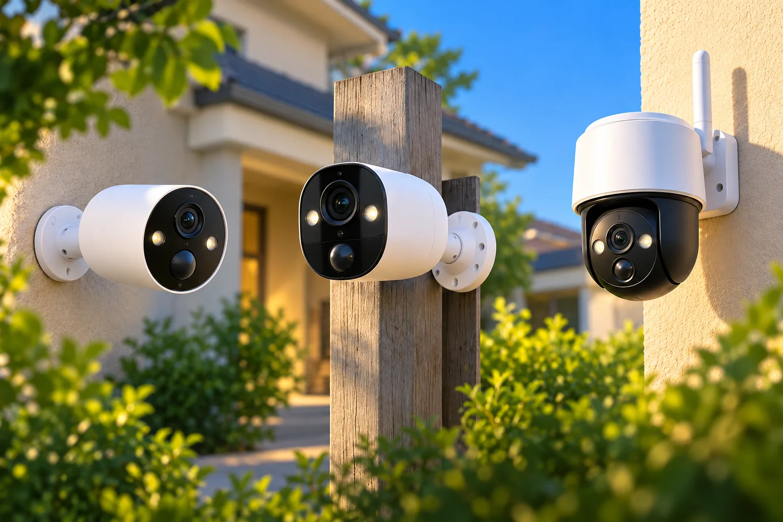 Illustration of fixed-view and pan-and-tilt battery security cameras outside a home.