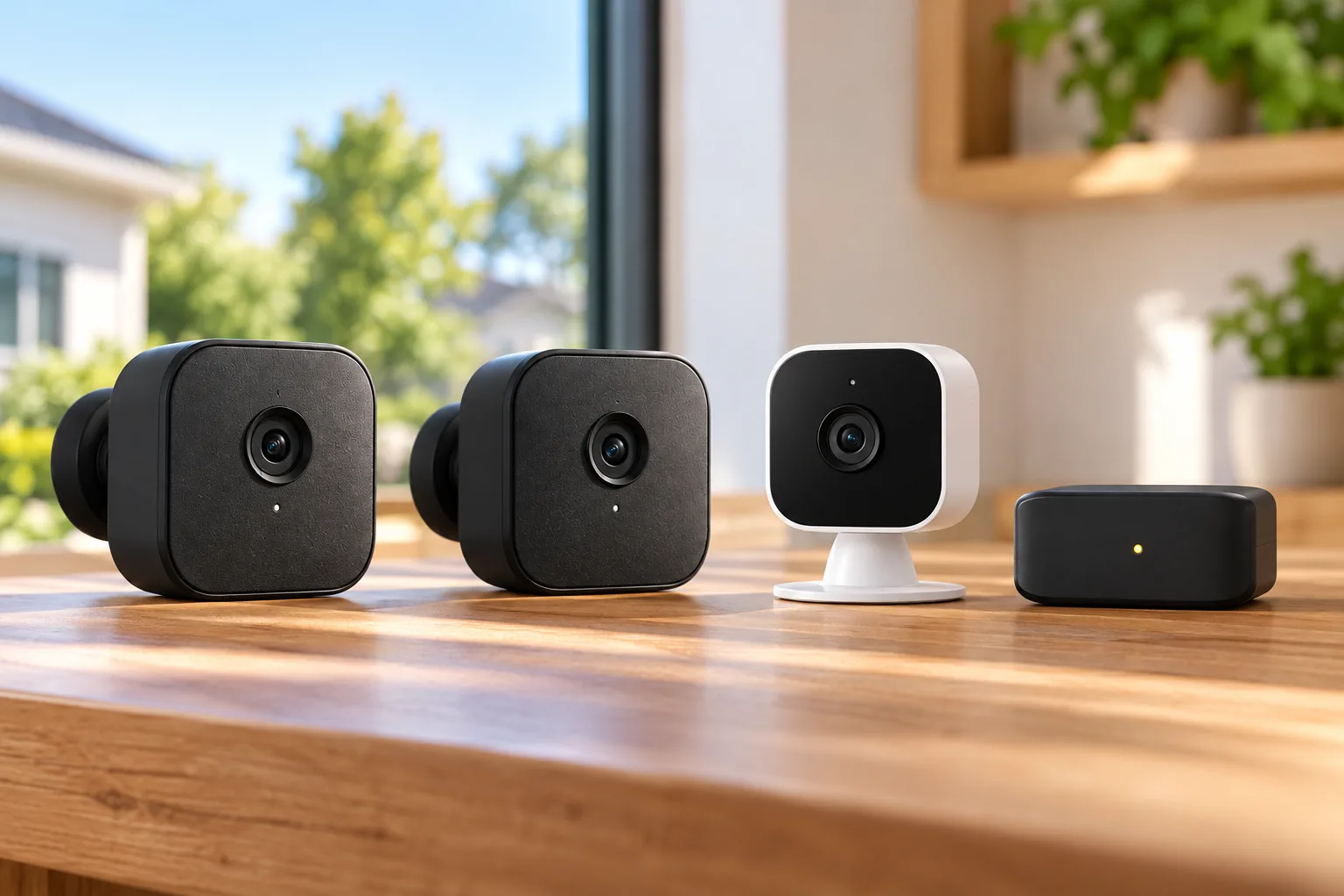 Concept illustration of two black security cameras, a white indoor camera and a compact hub.