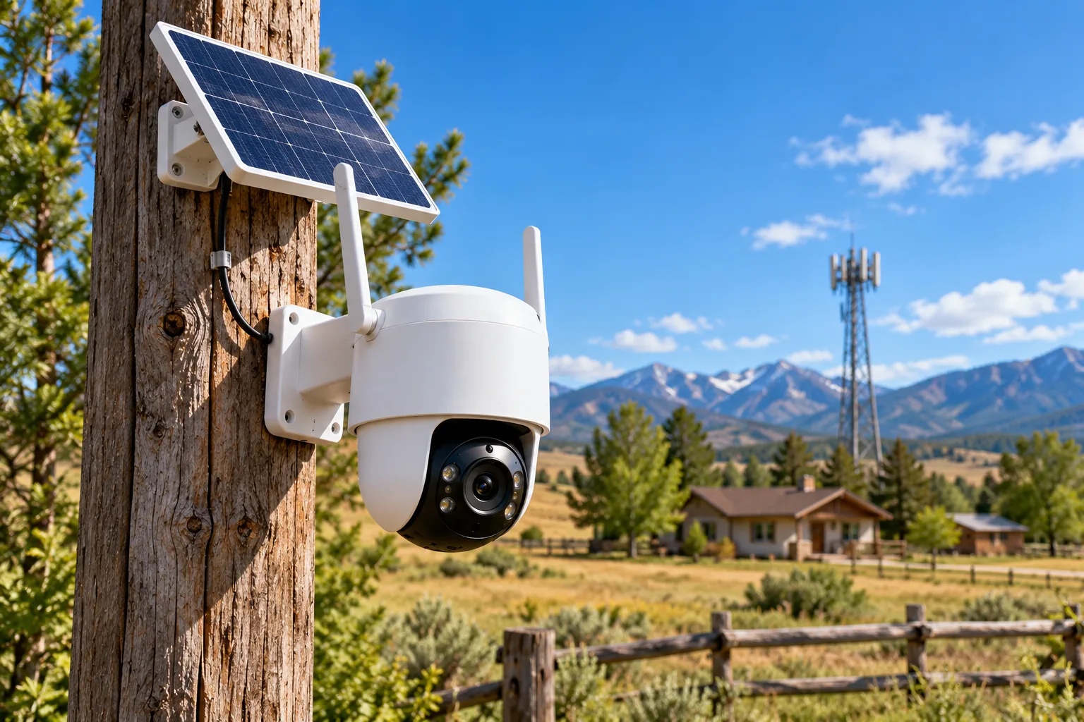 Concept illustration of an outdoor camera and solar panel on a rural post with a distant cell tower.