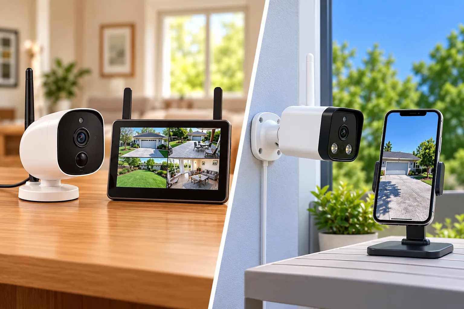 Illustration comparing a local camera monitor with a separate camera and smartphone setup.