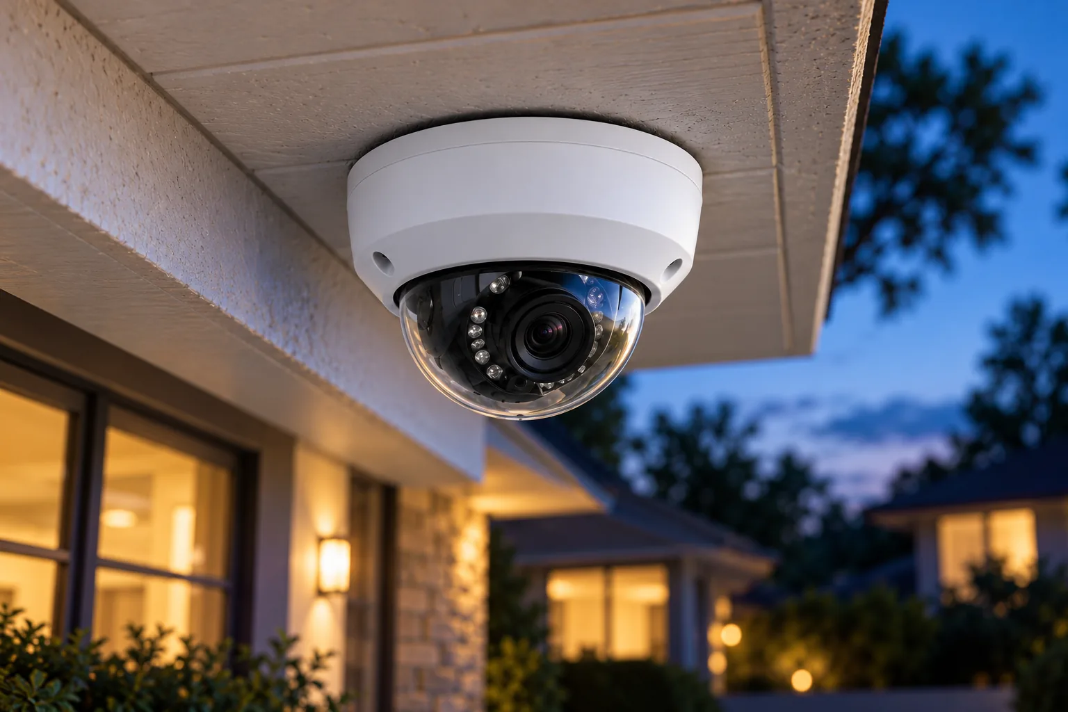 Concept illustration of a dome security camera mounted beneath a house soffit at dusk.