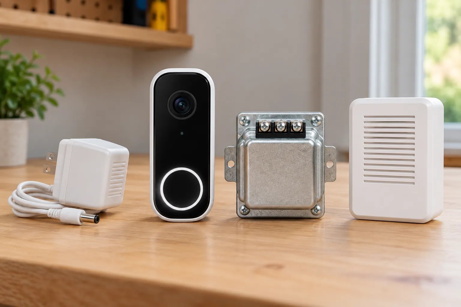 Concept illustration of a video doorbell, disconnected transformer, power adapter and indoor chime on a workbench.