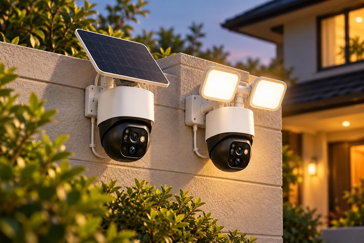 Concept illustration of outdoor cameras with a solar panel and floodlights mounted on a garden wall.