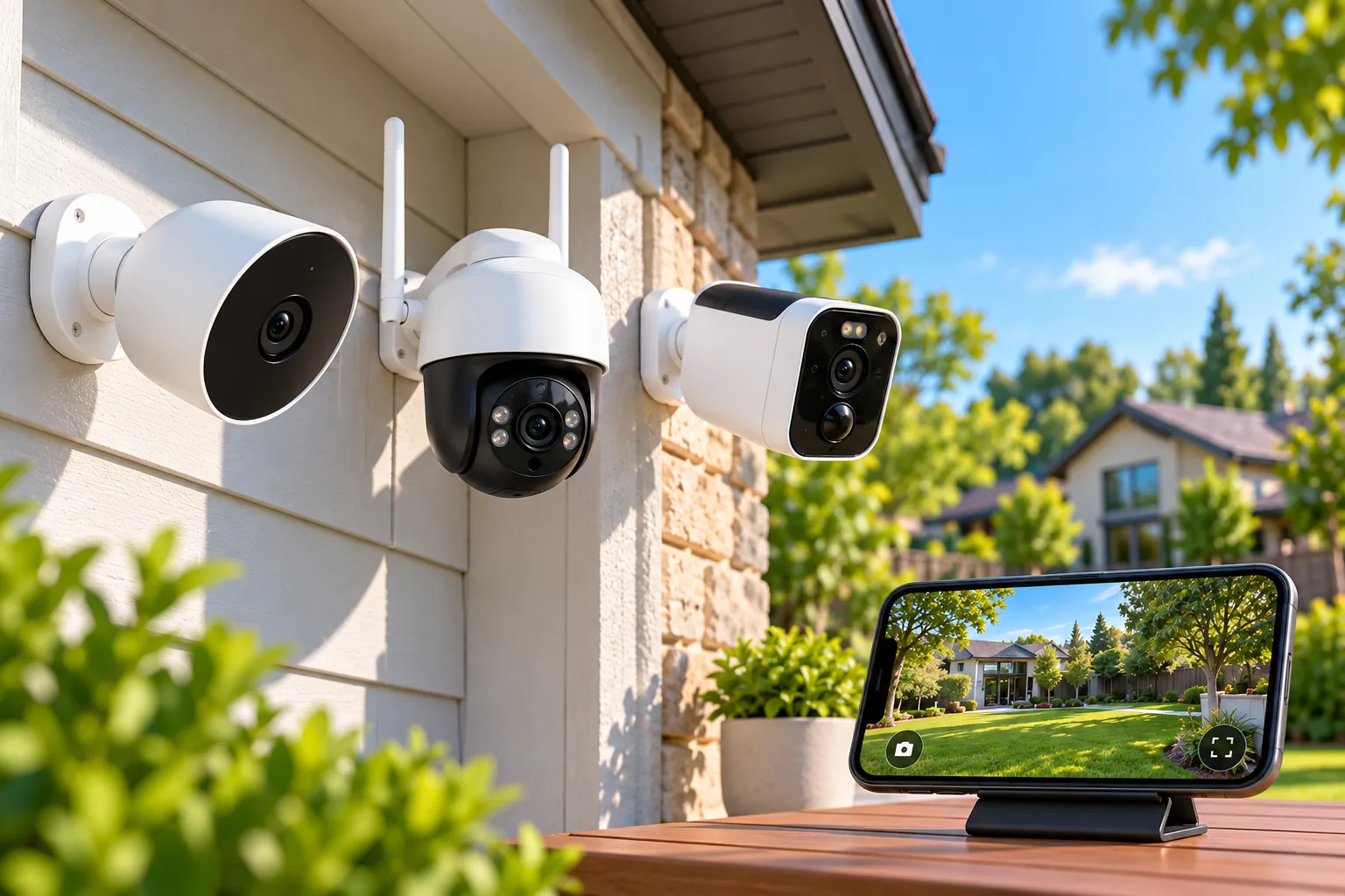 Illustration of outdoor security cameras and a phone displaying a home camera view.