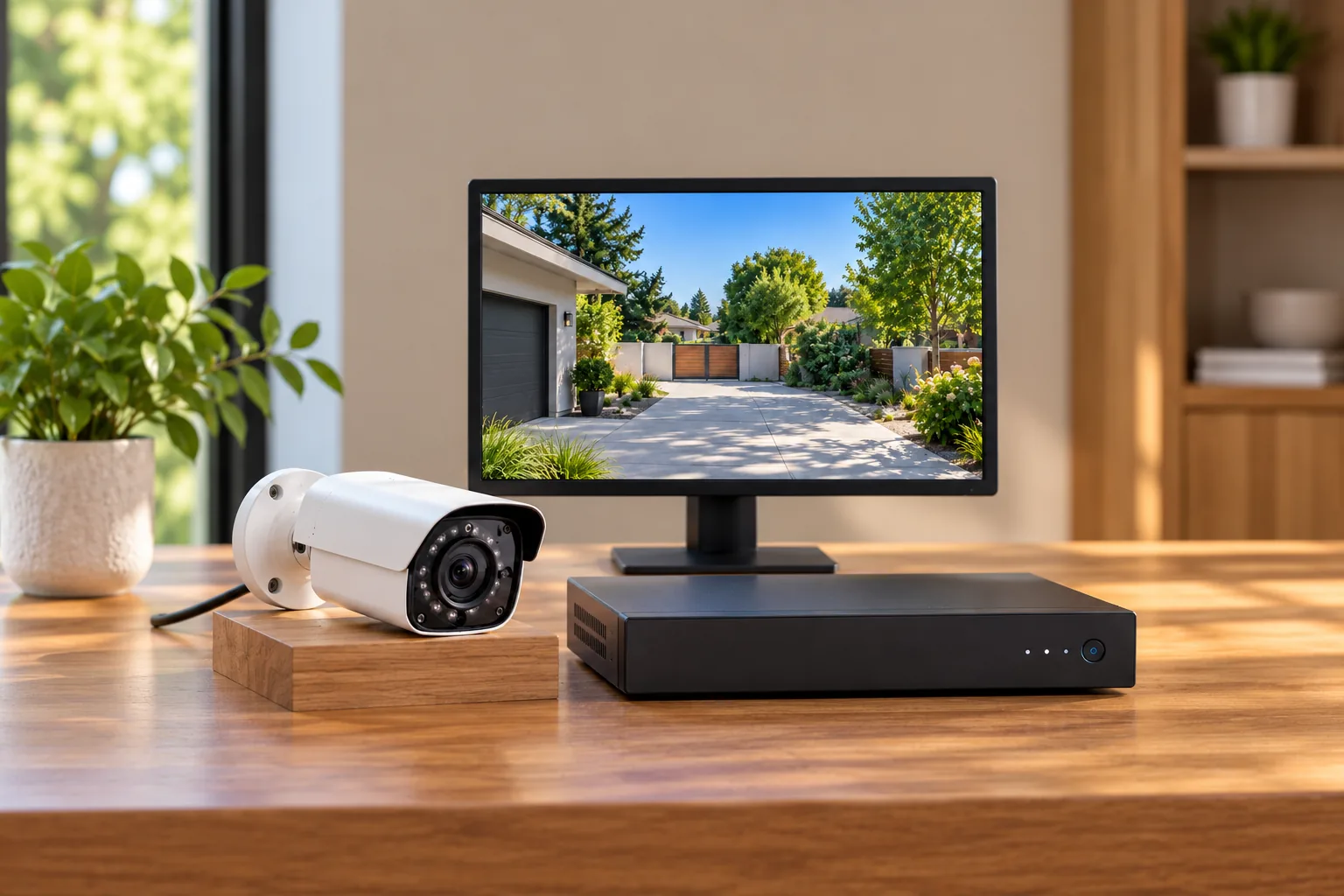 Concept illustration of a security camera and recorder beside a monitor showing a driveway.
