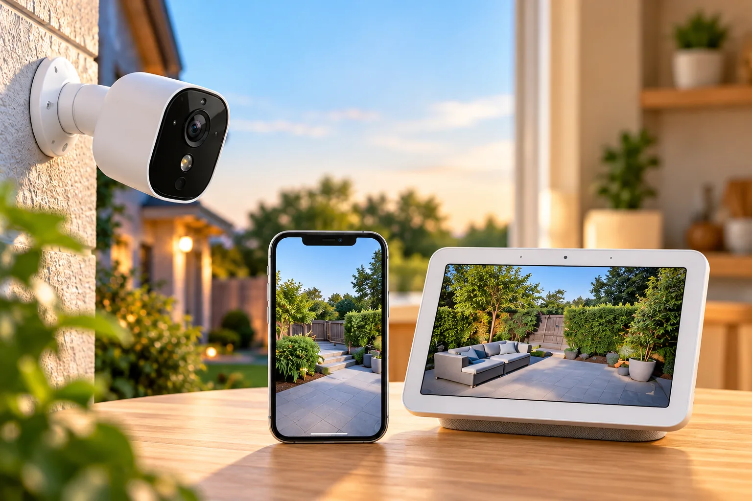 Concept illustration of a security camera beside a smart display and phone showing home camera views.