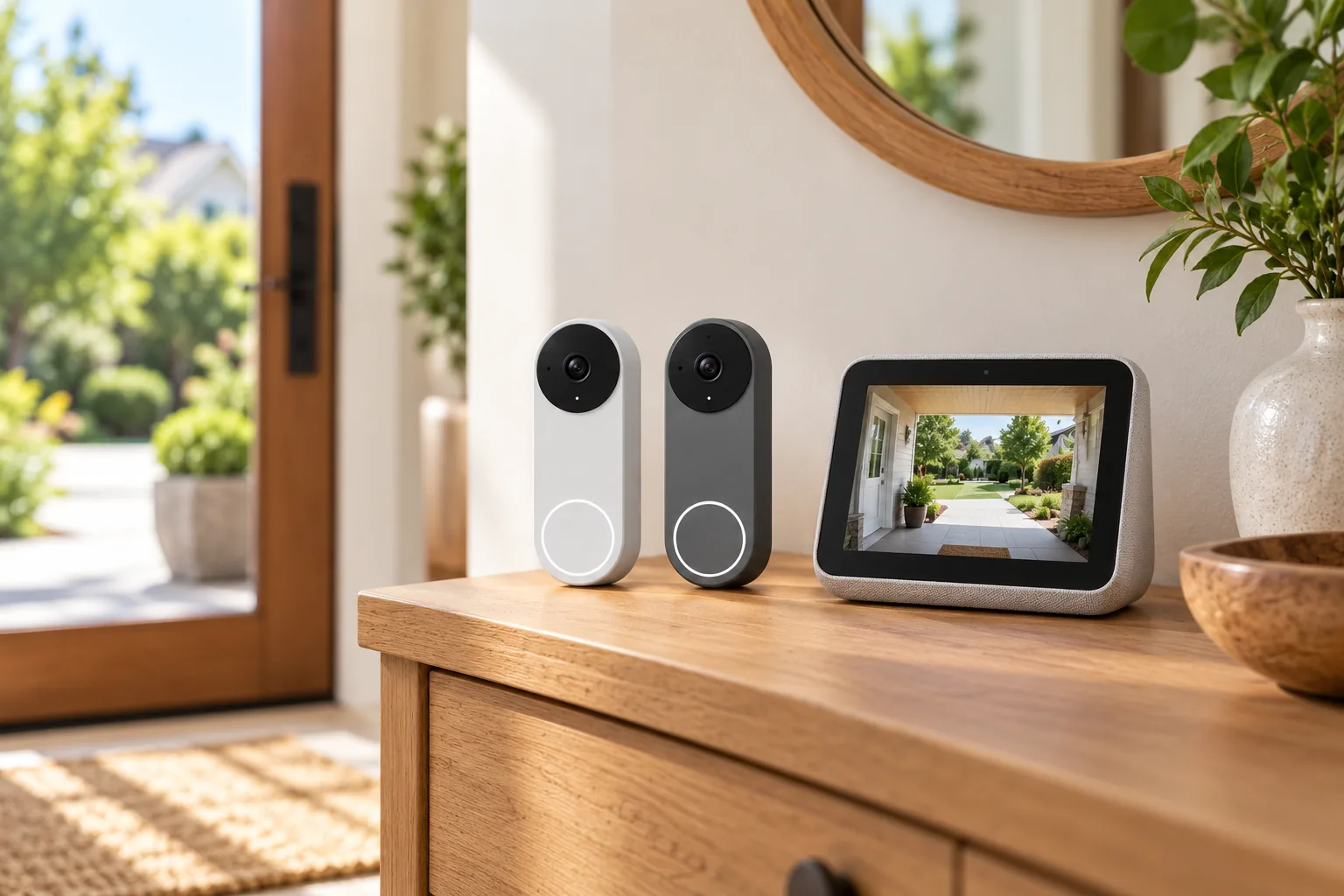 Concept illustration of two slim video doorbells beside a small display showing a porch view.