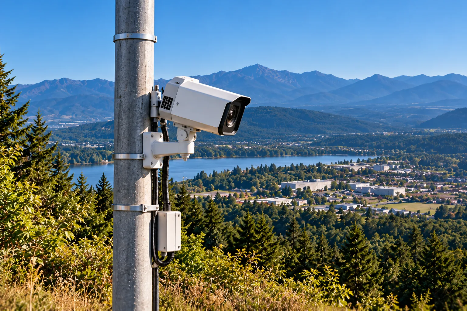Concept illustration of an outdoor security camera overlooking a rural property.