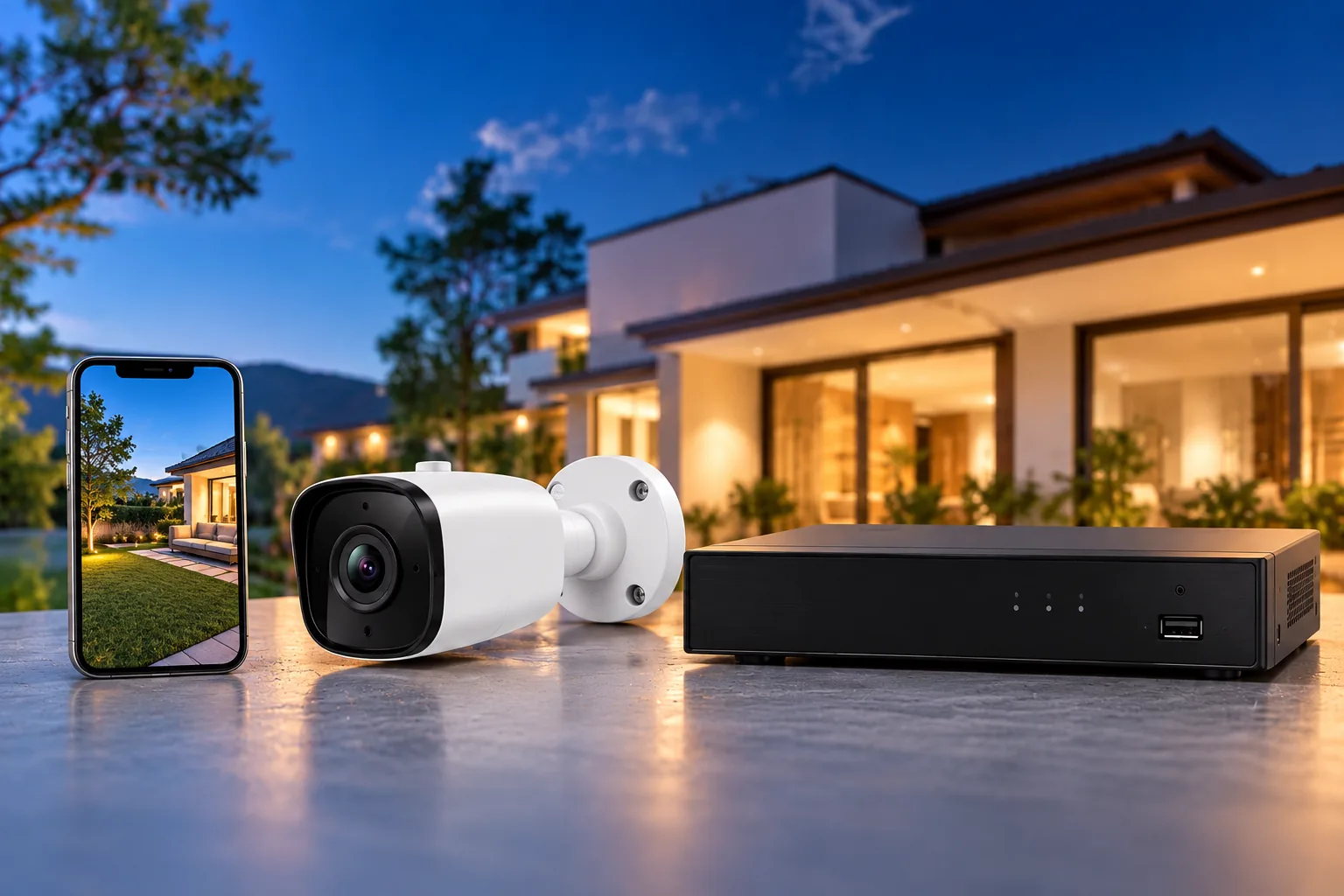 Concept illustration of a security camera, video recorder and phone on a desk.