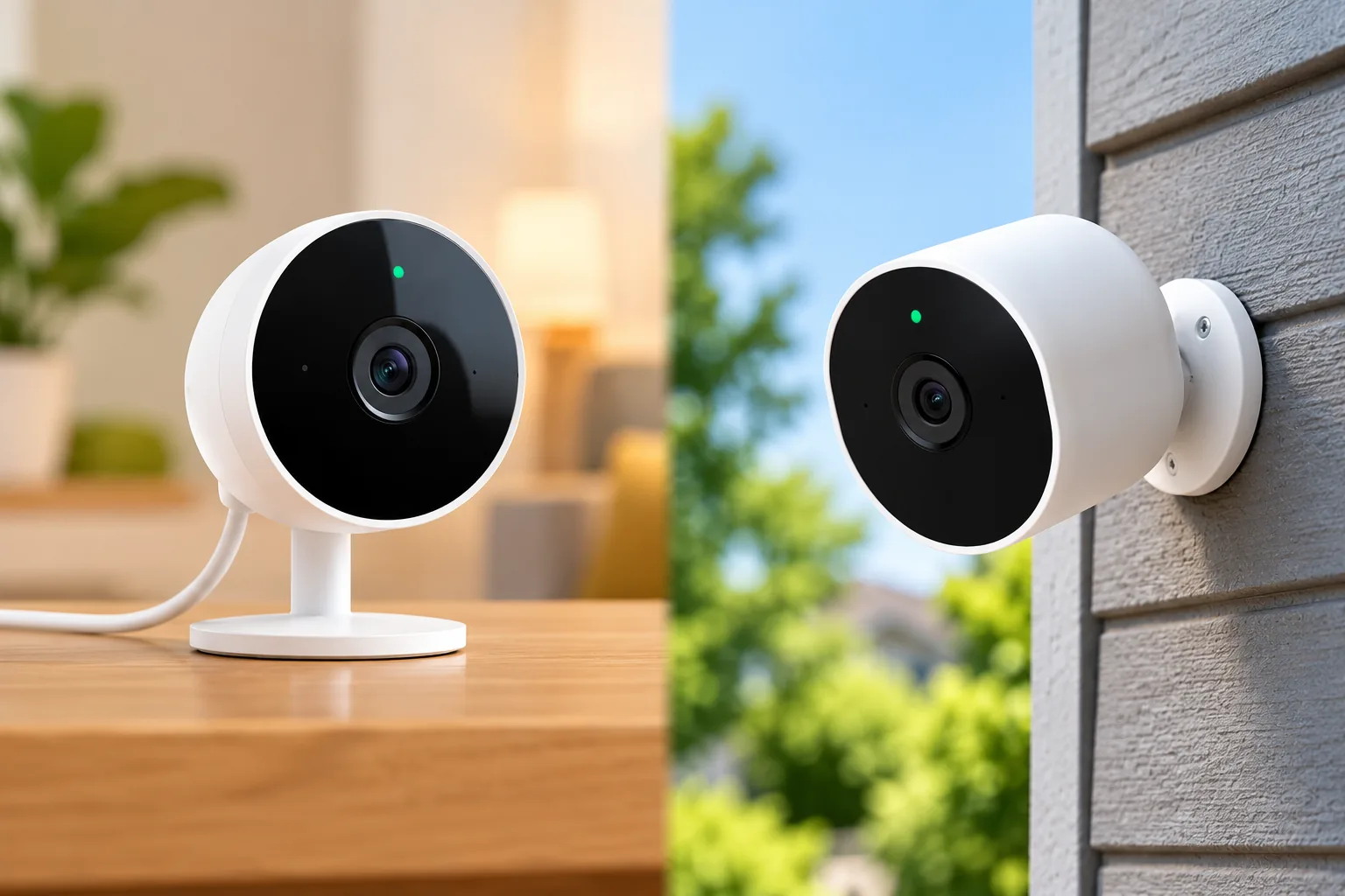 Concept illustration of an indoor tabletop camera and an outdoor wall-mounted camera.
