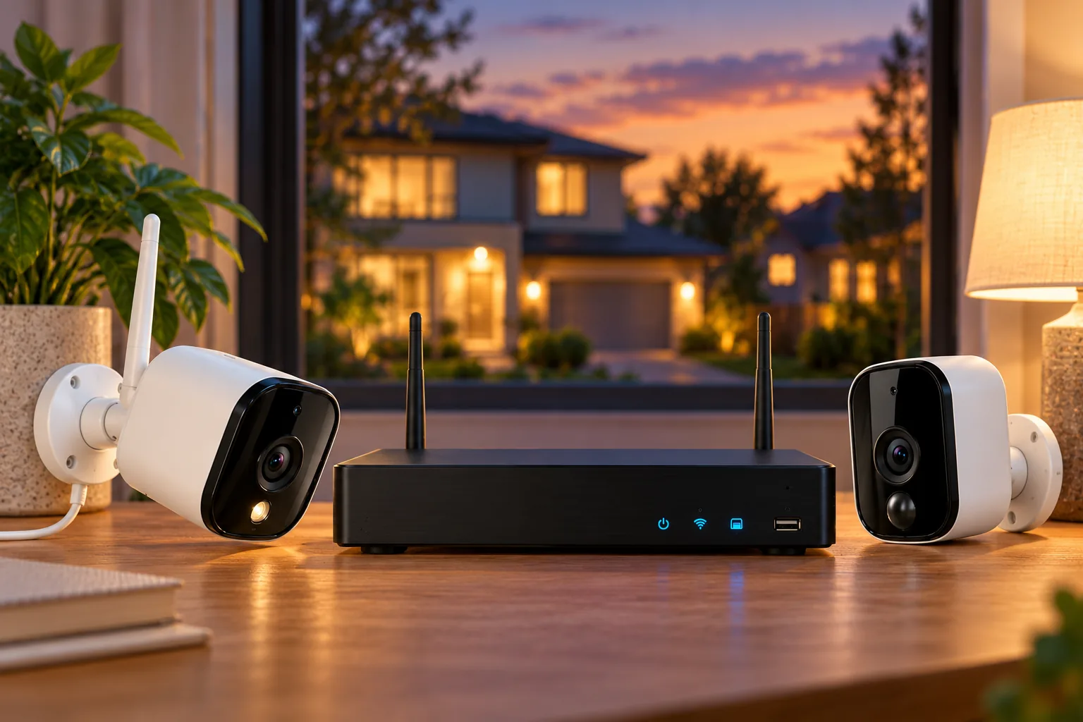 Concept illustration of security cameras and a recorder arranged on an indoor table.