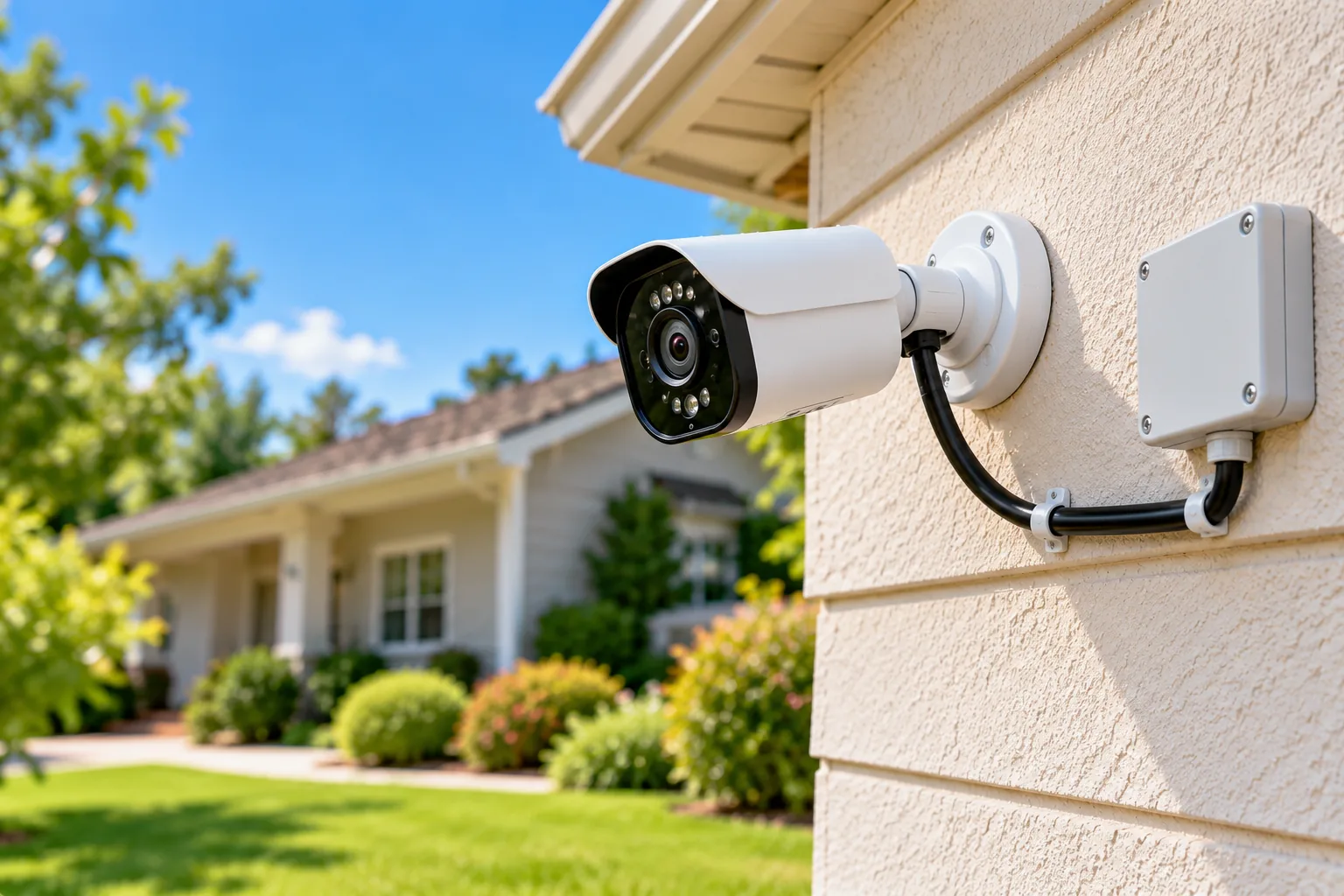Concept illustration of a wall-mounted outdoor security camera with routed cable and a closed junction box.