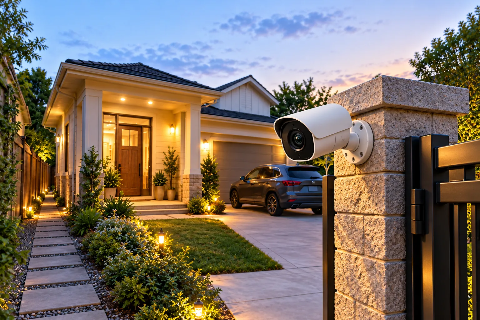 Concept illustration of an outdoor camera near a home entrance and driveway.
