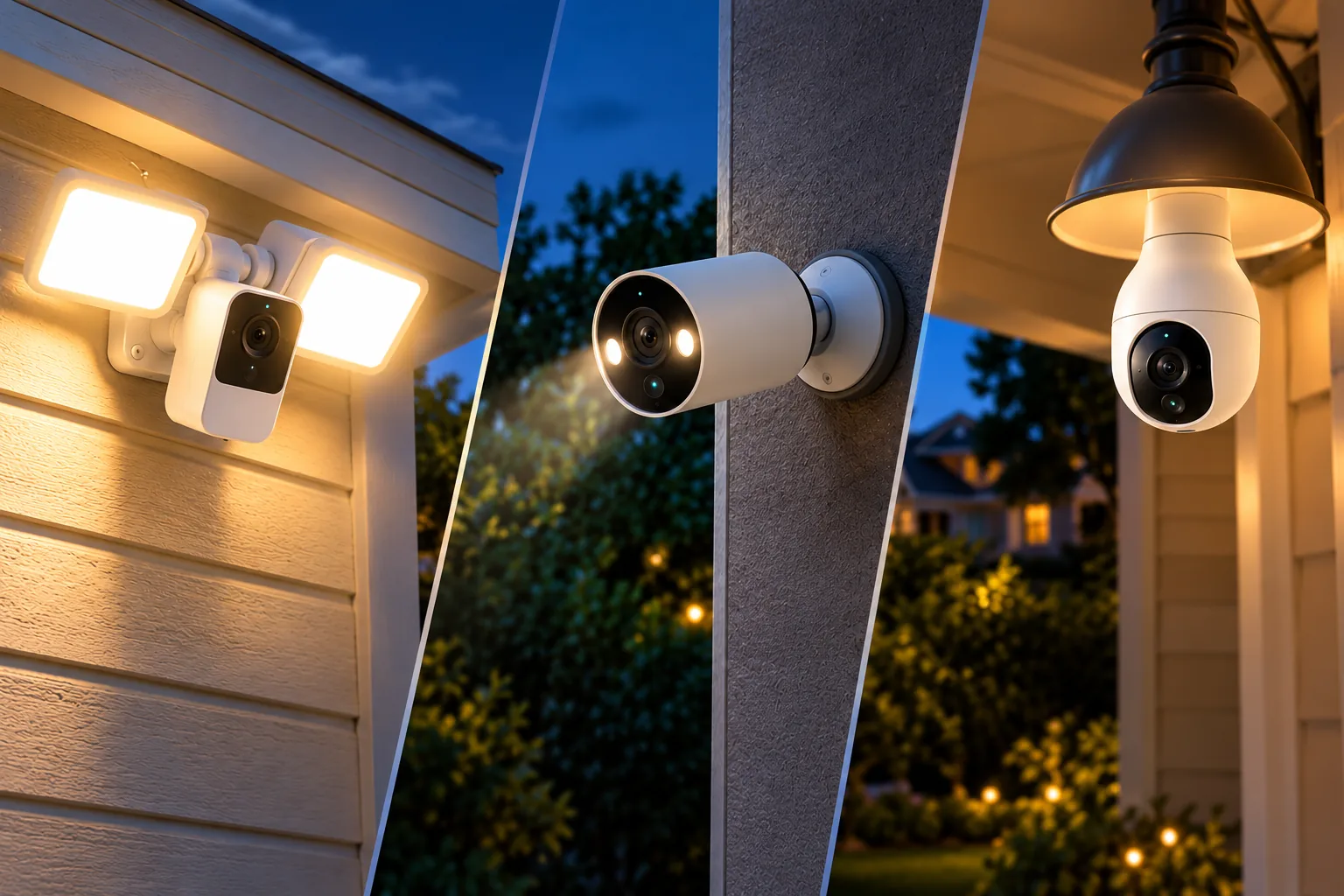 Concept illustration of floodlight, spotlight and bulb-style outdoor cameras.