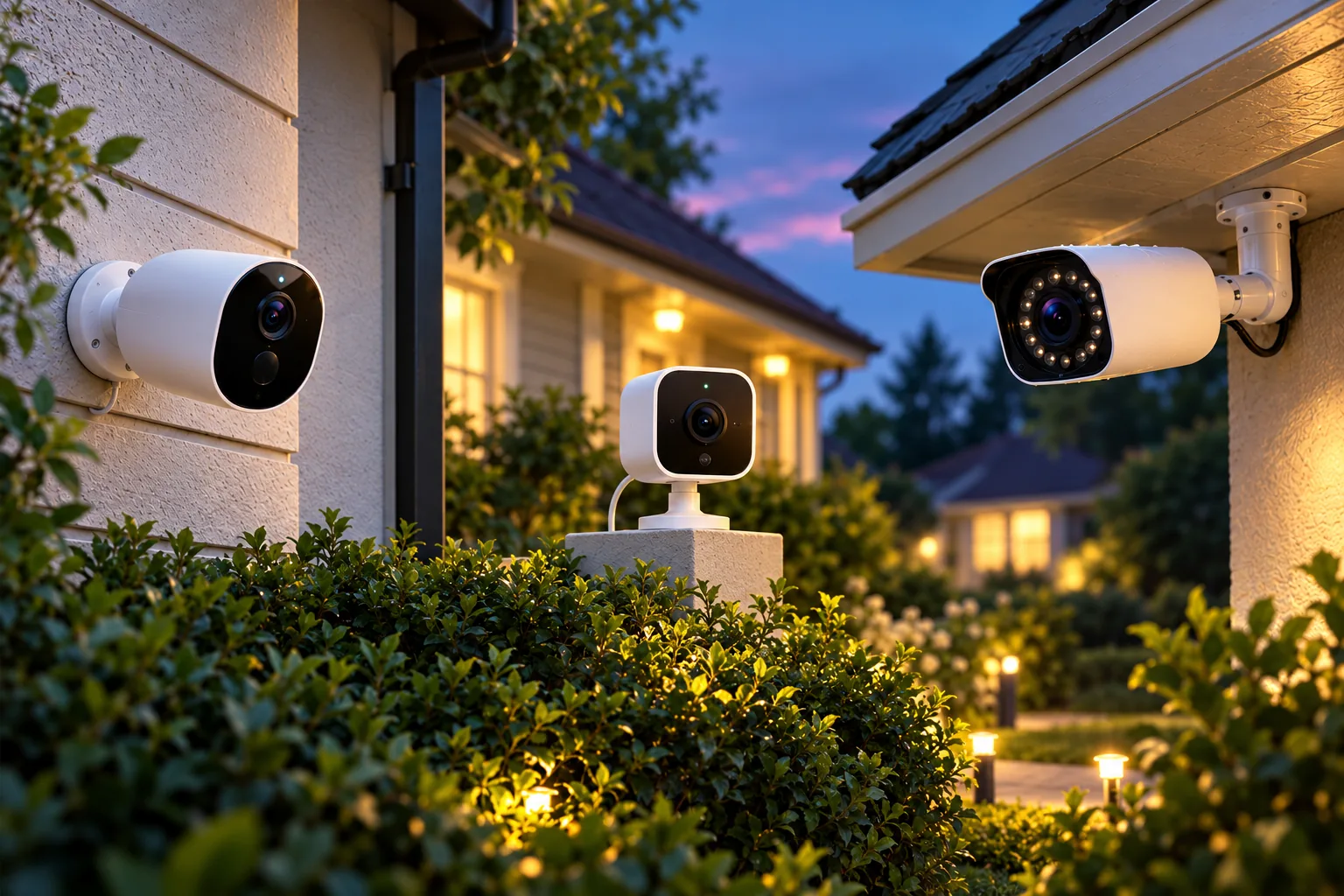 Concept illustration of several outdoor security camera styles mounted around a home.