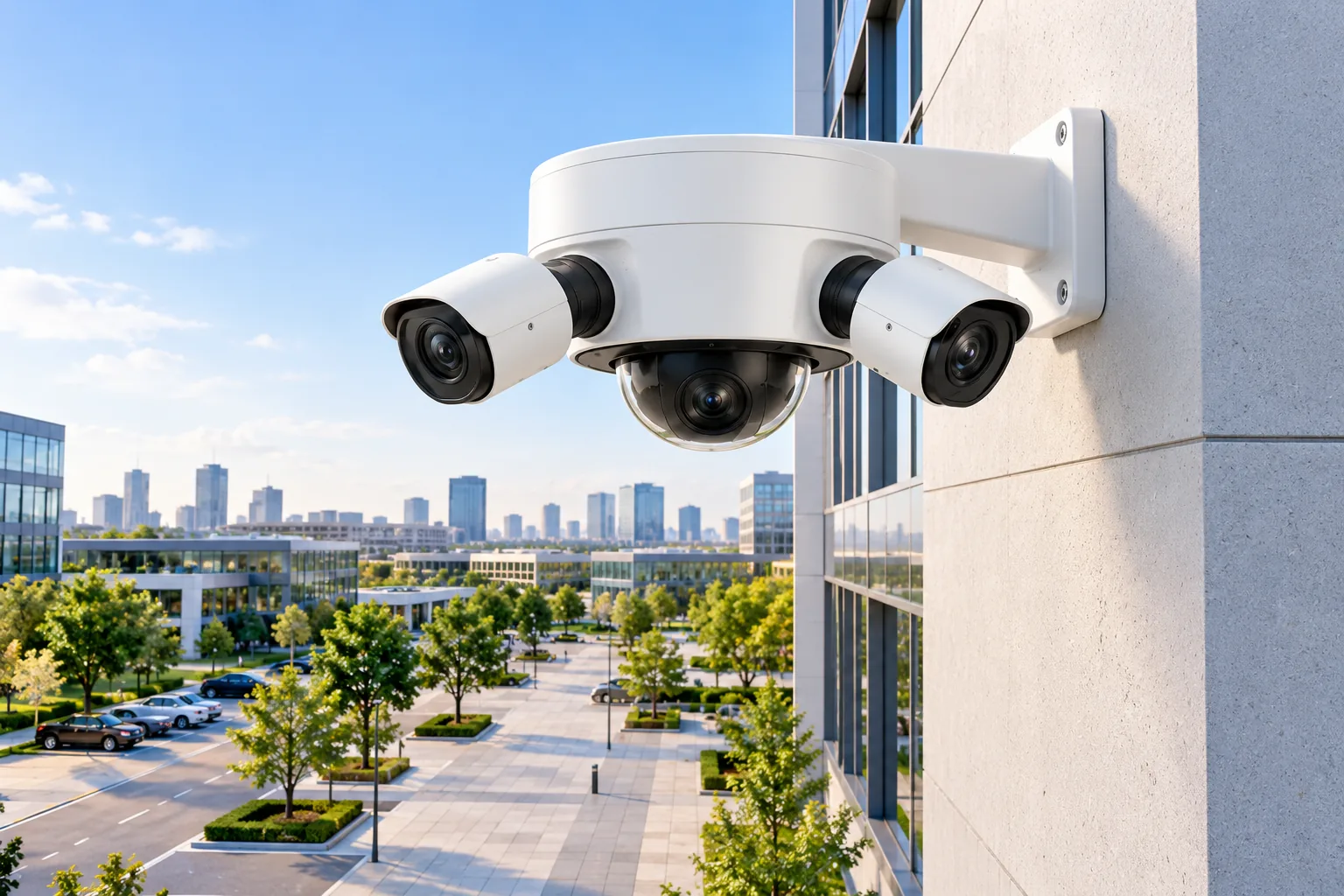 Concept illustration of a multi-lens security camera overlooking a courtyard.