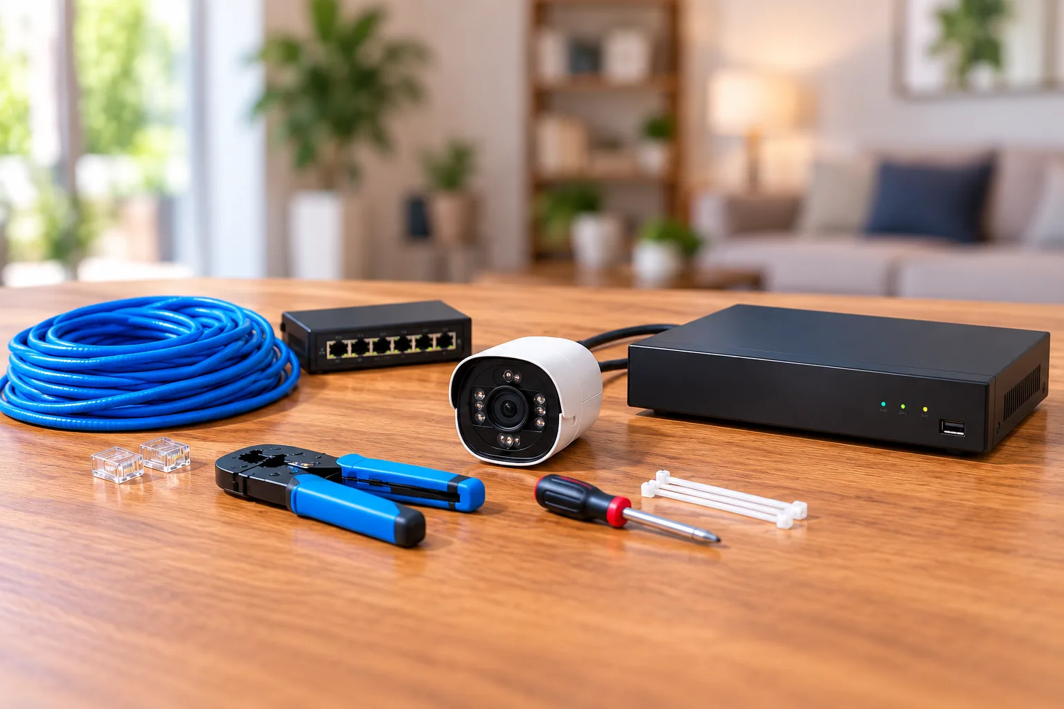Concept illustration of a security camera, Ethernet cable, network switch and recorder arranged for installation.