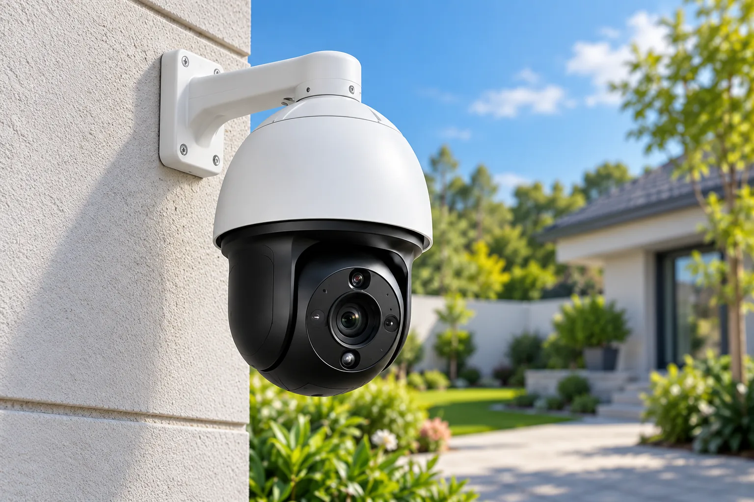 Concept illustration of a wall-mounted pan-and-tilt security camera overlooking a yard.