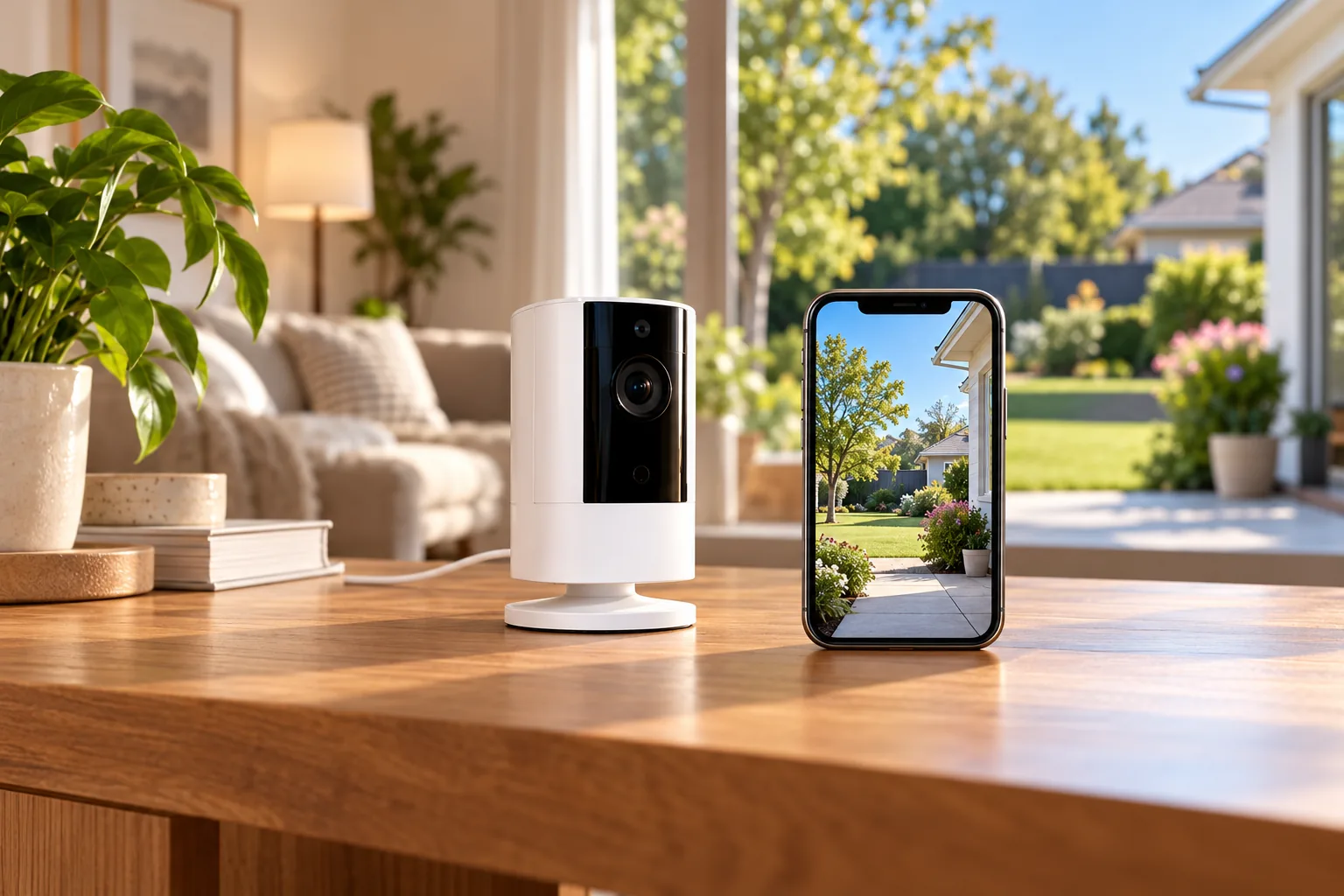 Concept illustration of a compact home security camera beside a phone displaying a yard.