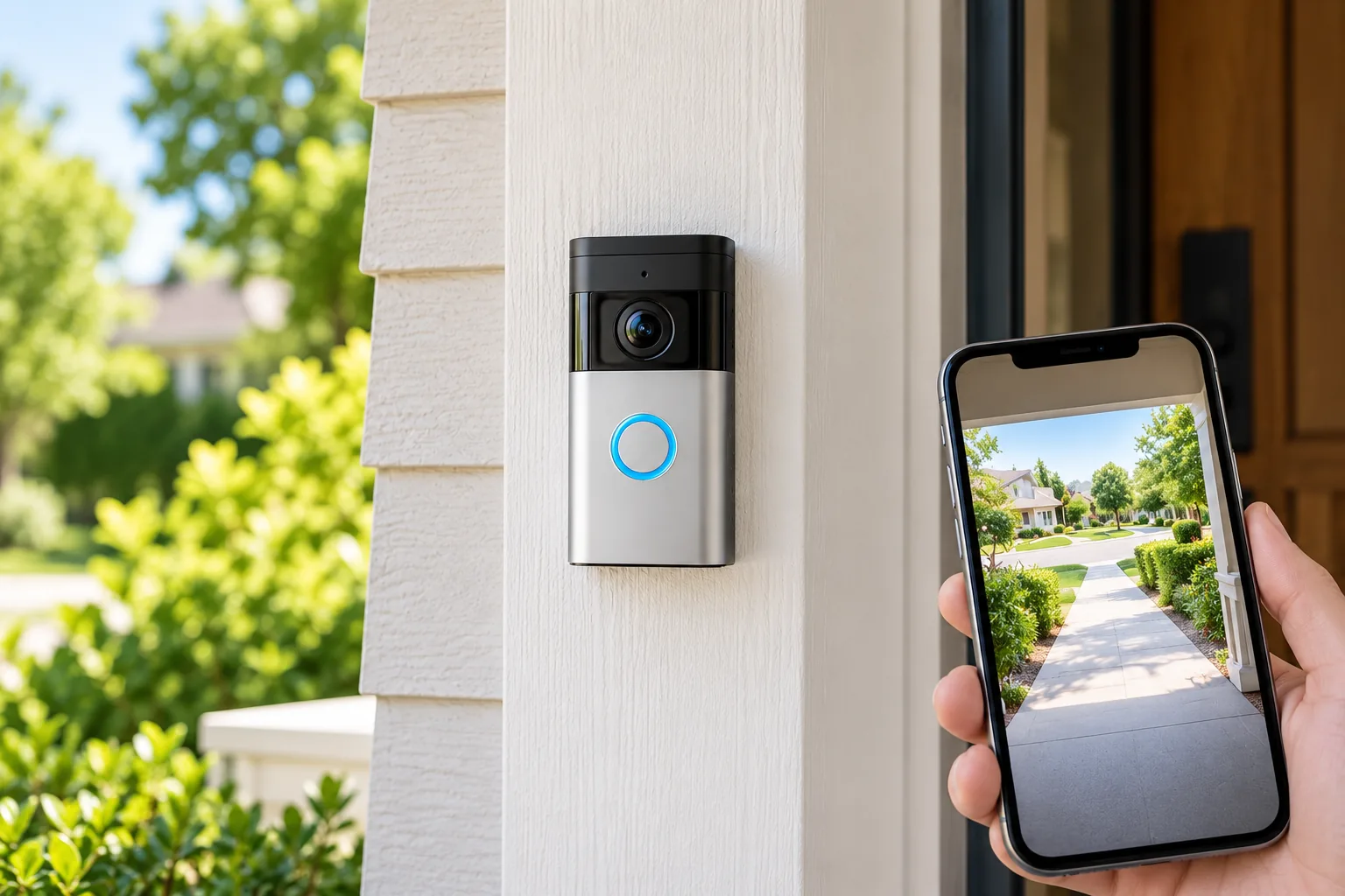 Concept illustration of a video doorbell beside an entry door and a phone showing the front path.