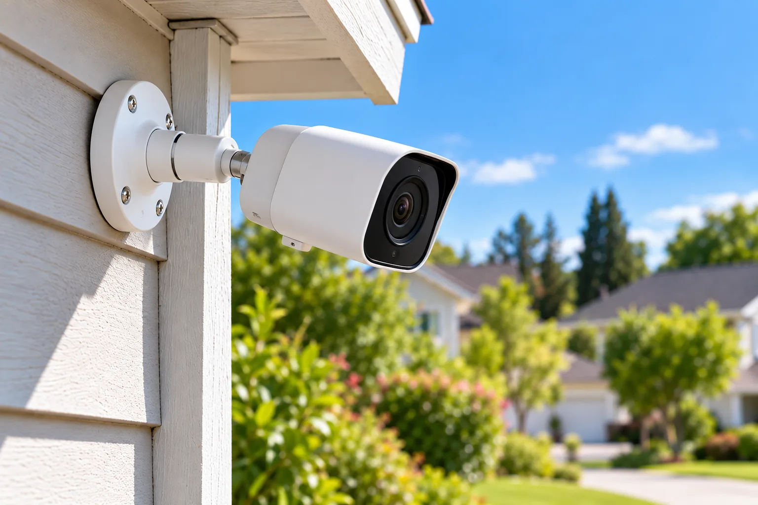 Concept illustration of a security camera on an adjustable mounting bracket attached to exterior siding.