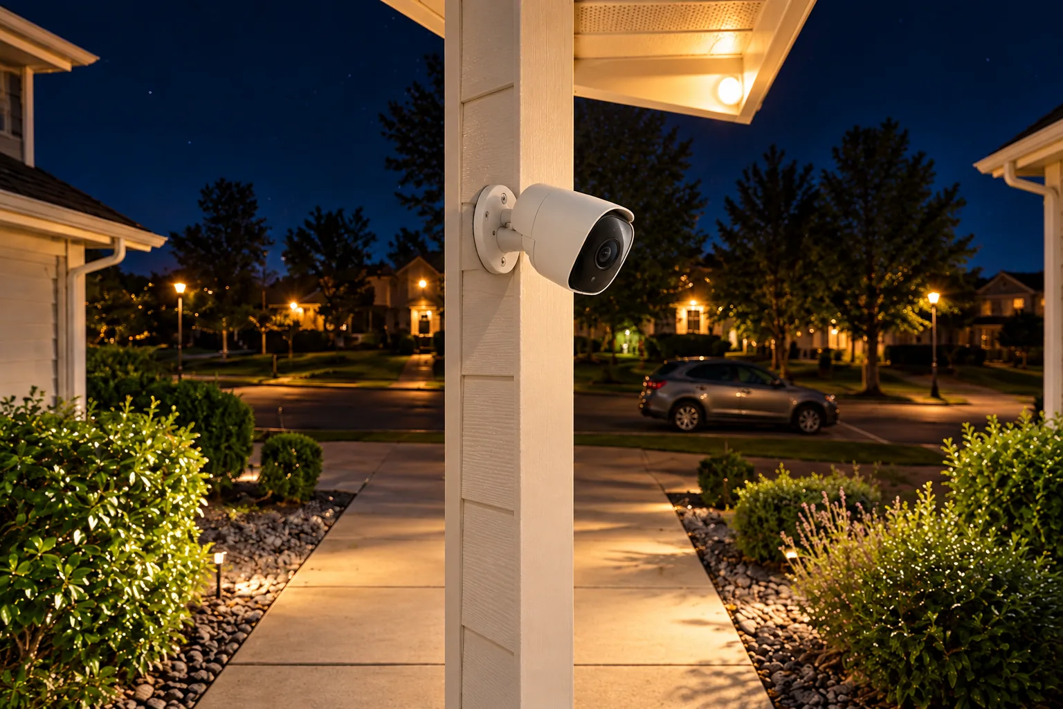 Concept illustration of an outdoor security camera beside a softly lit entrance at night.