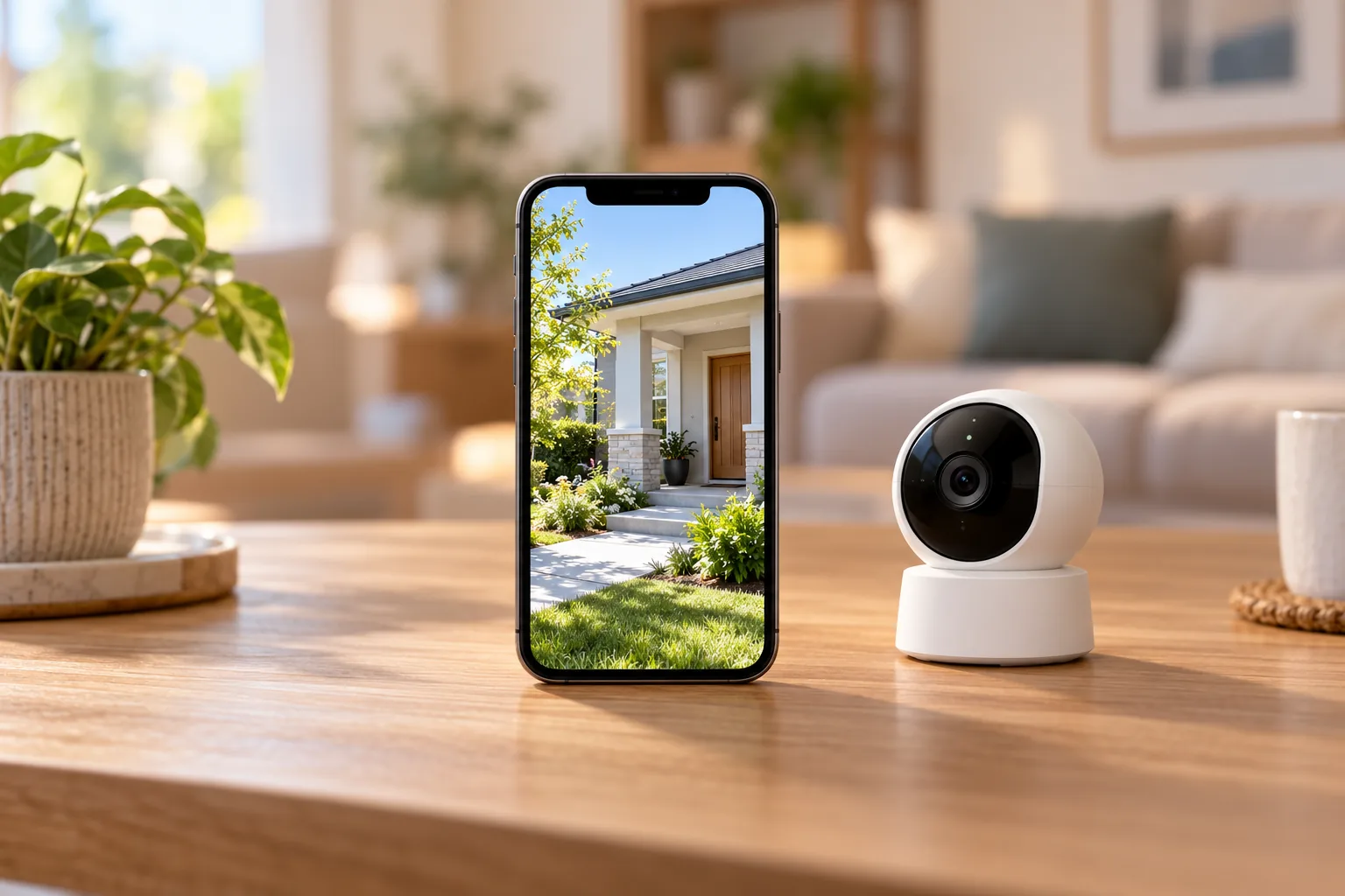 Concept illustration of a phone displaying a porch view beside a compact security camera.