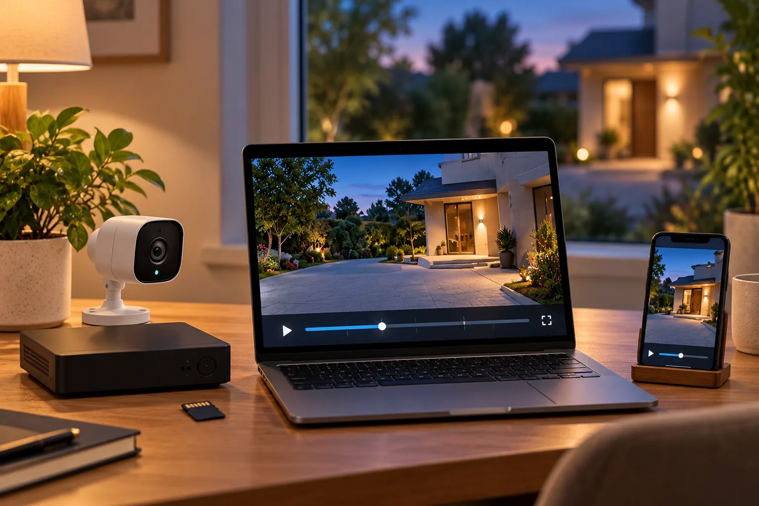 Concept illustration of a camera, recorder and memory card beside a laptop and phone displaying home video playback.
