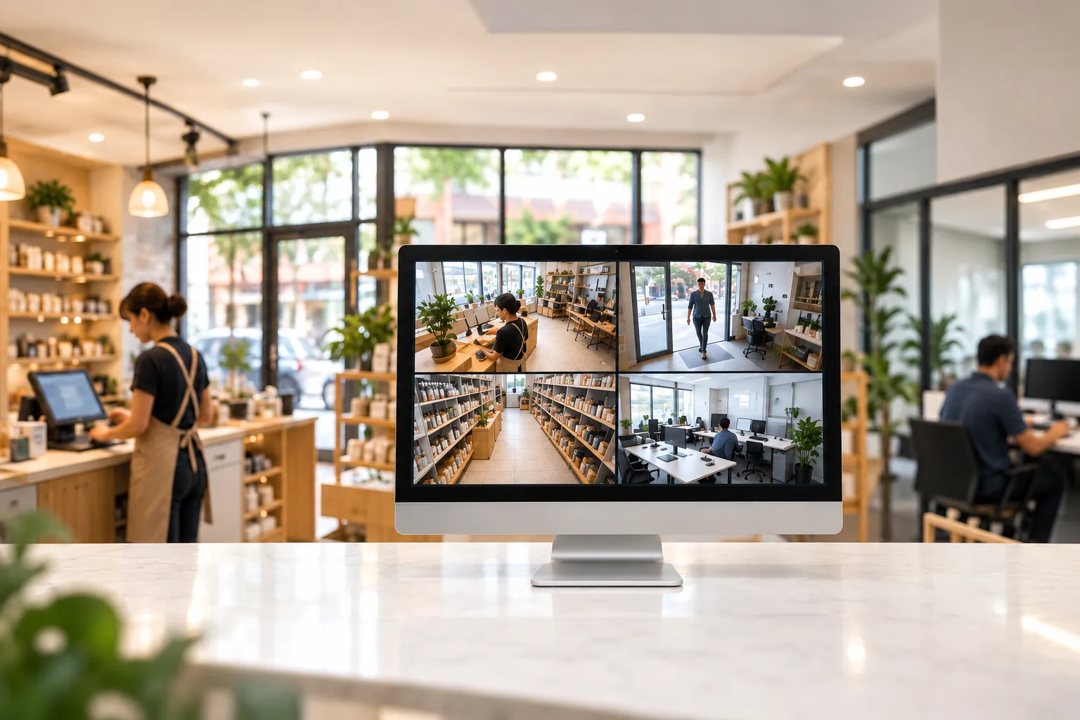 Concept illustration of a monitor displaying security camera views inside a small shop.