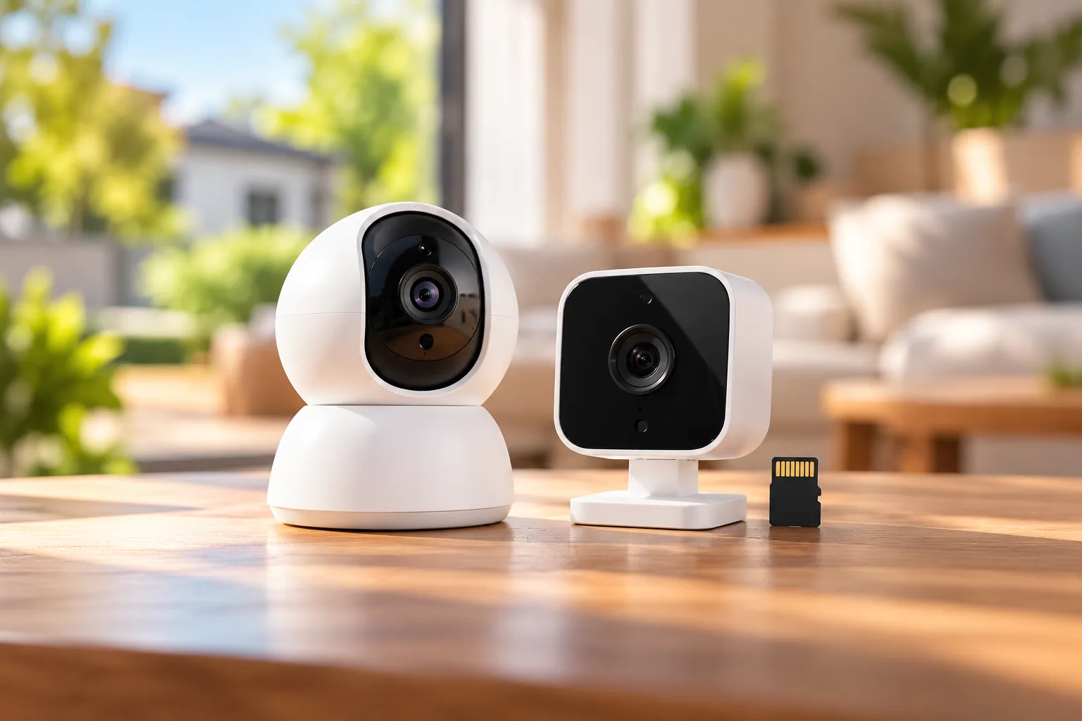 Concept illustration of two compact security cameras and a small memory card on a table.