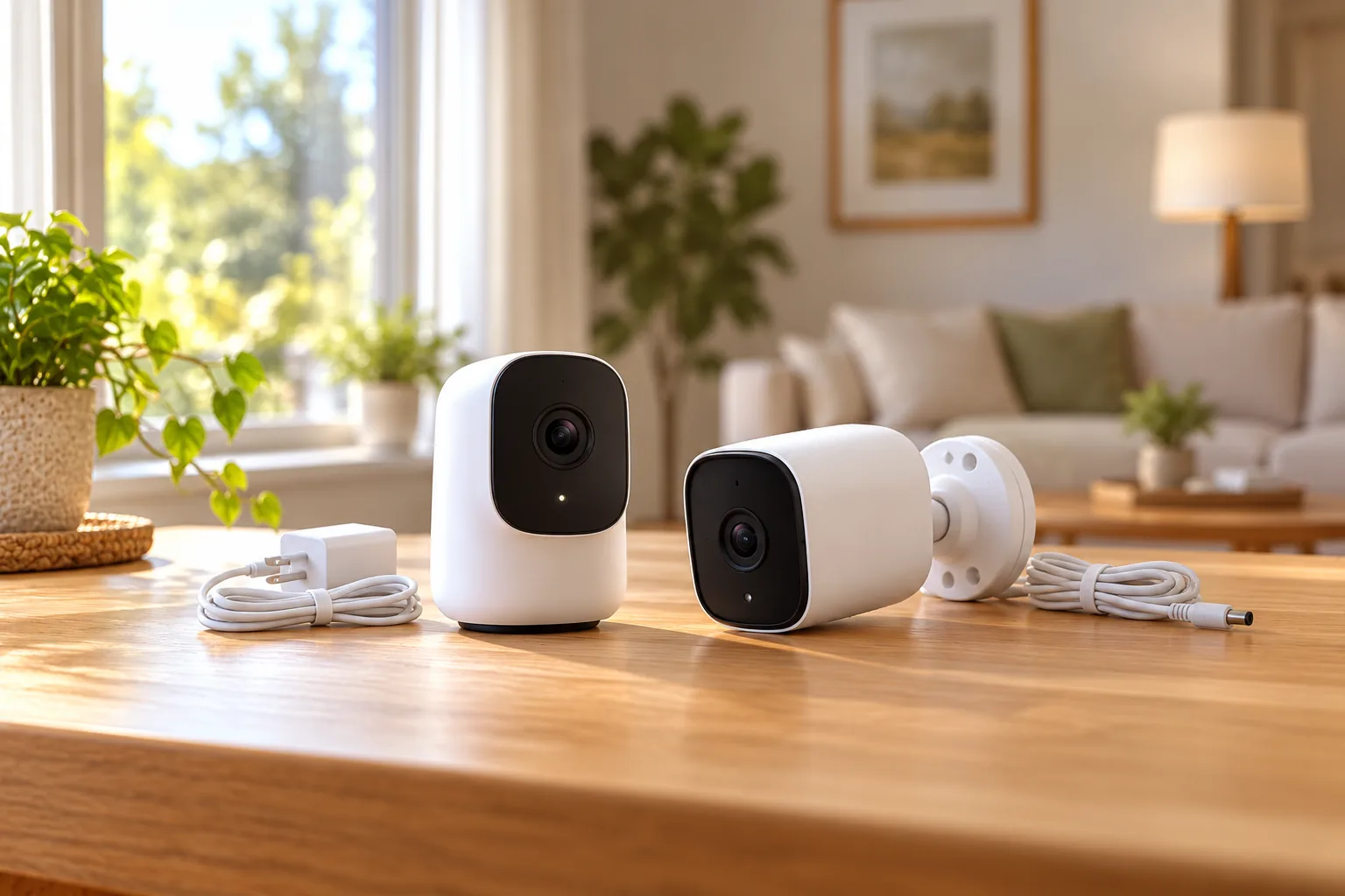 Concept illustration of indoor and outdoor security cameras with a coiled power cable on a table.