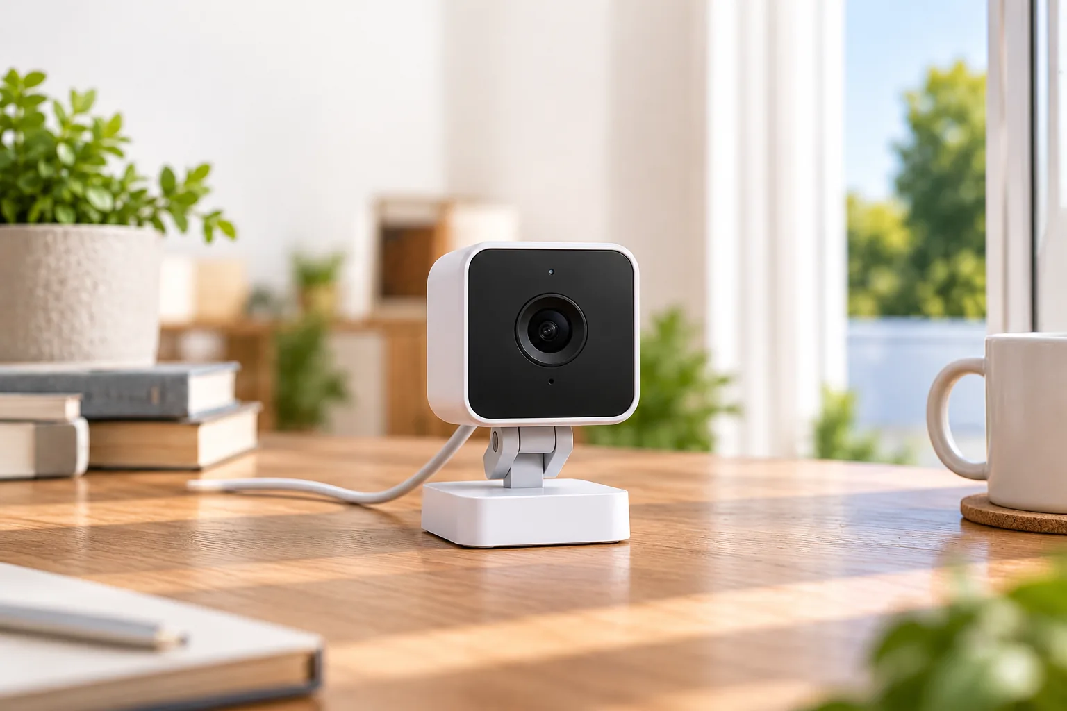Concept illustration of a compact security camera with its stand and power cable on a desk.