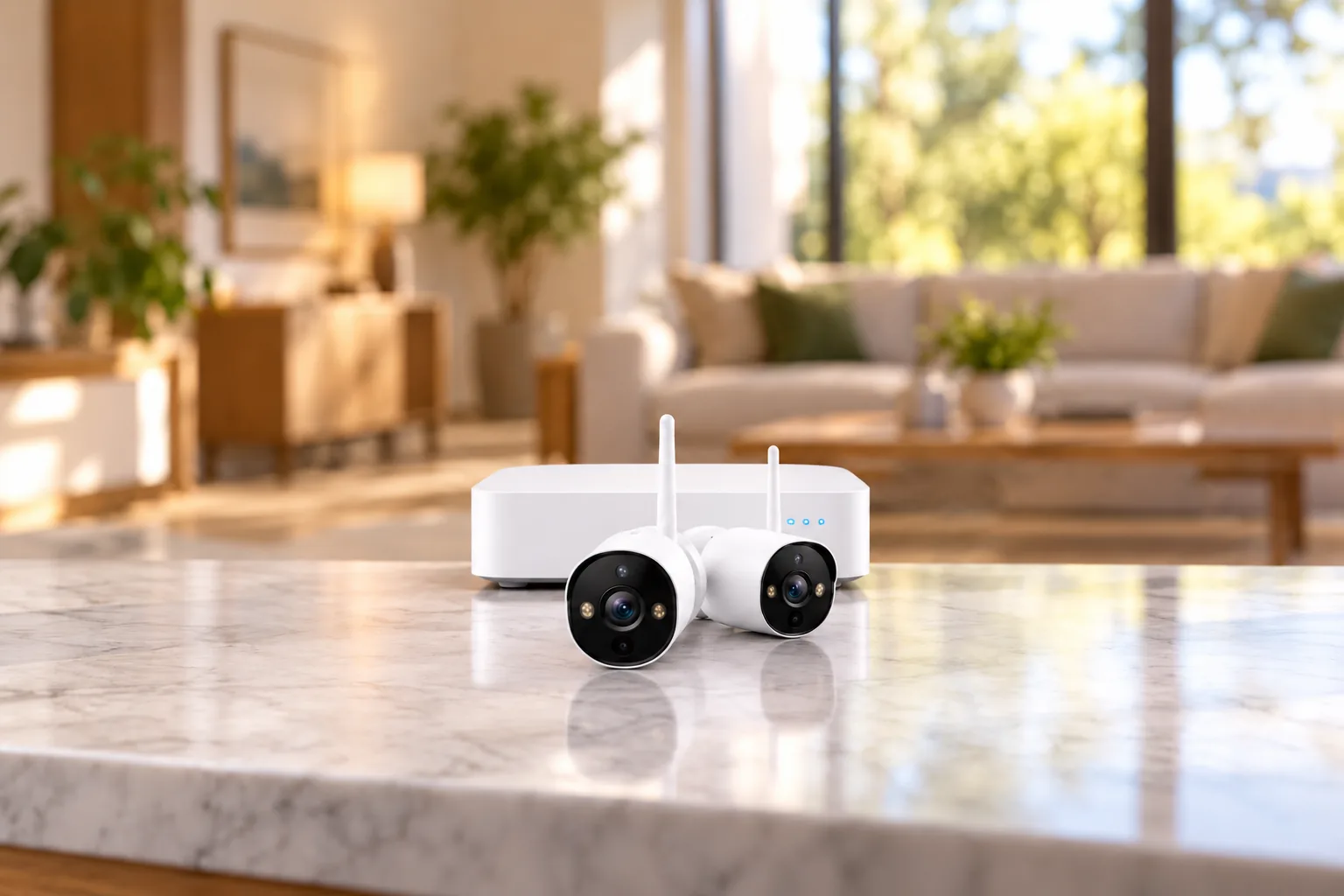 Concept illustration of two security cameras grouped in front of a recording base station on a table.
