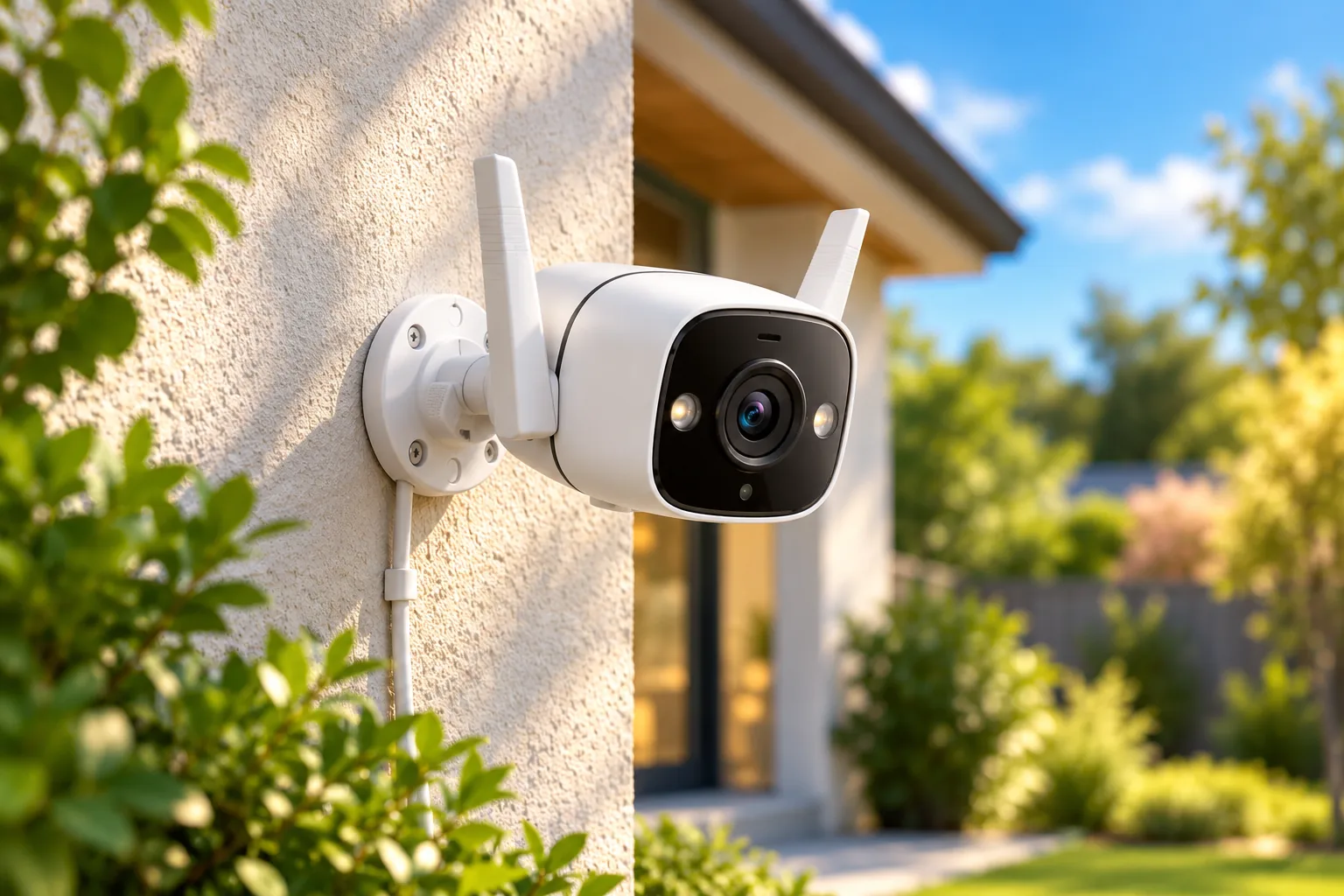 Concept illustration of an outdoor security camera with antennas mounted on a home's exterior wall.
