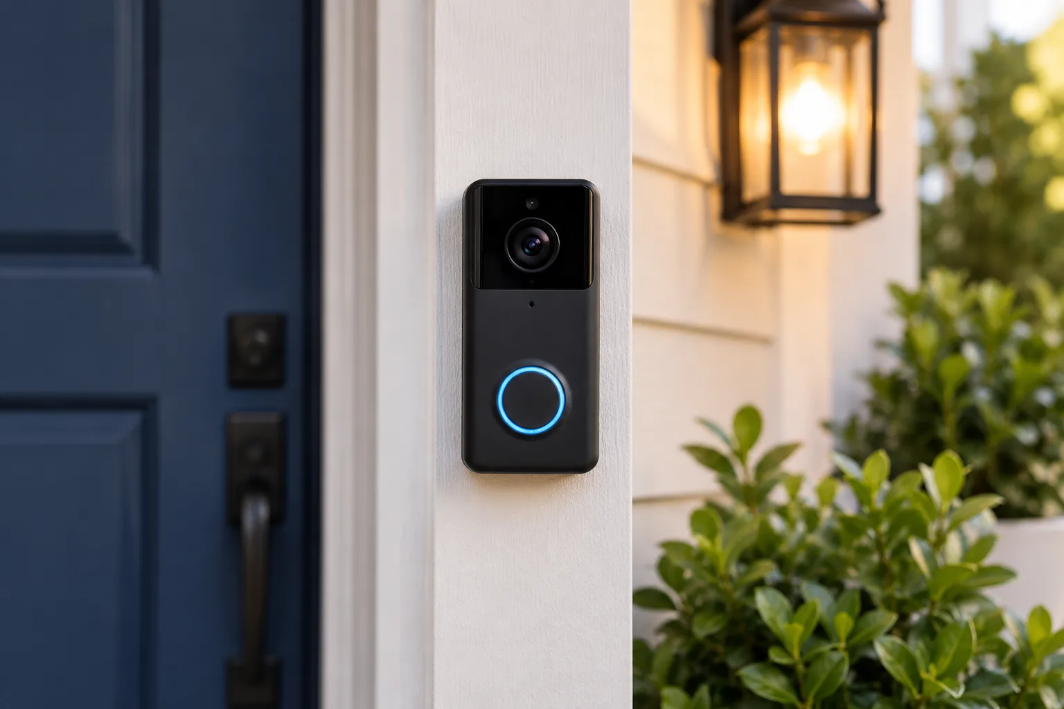 Concept illustration of a video doorbell mounted beside a home's front door.