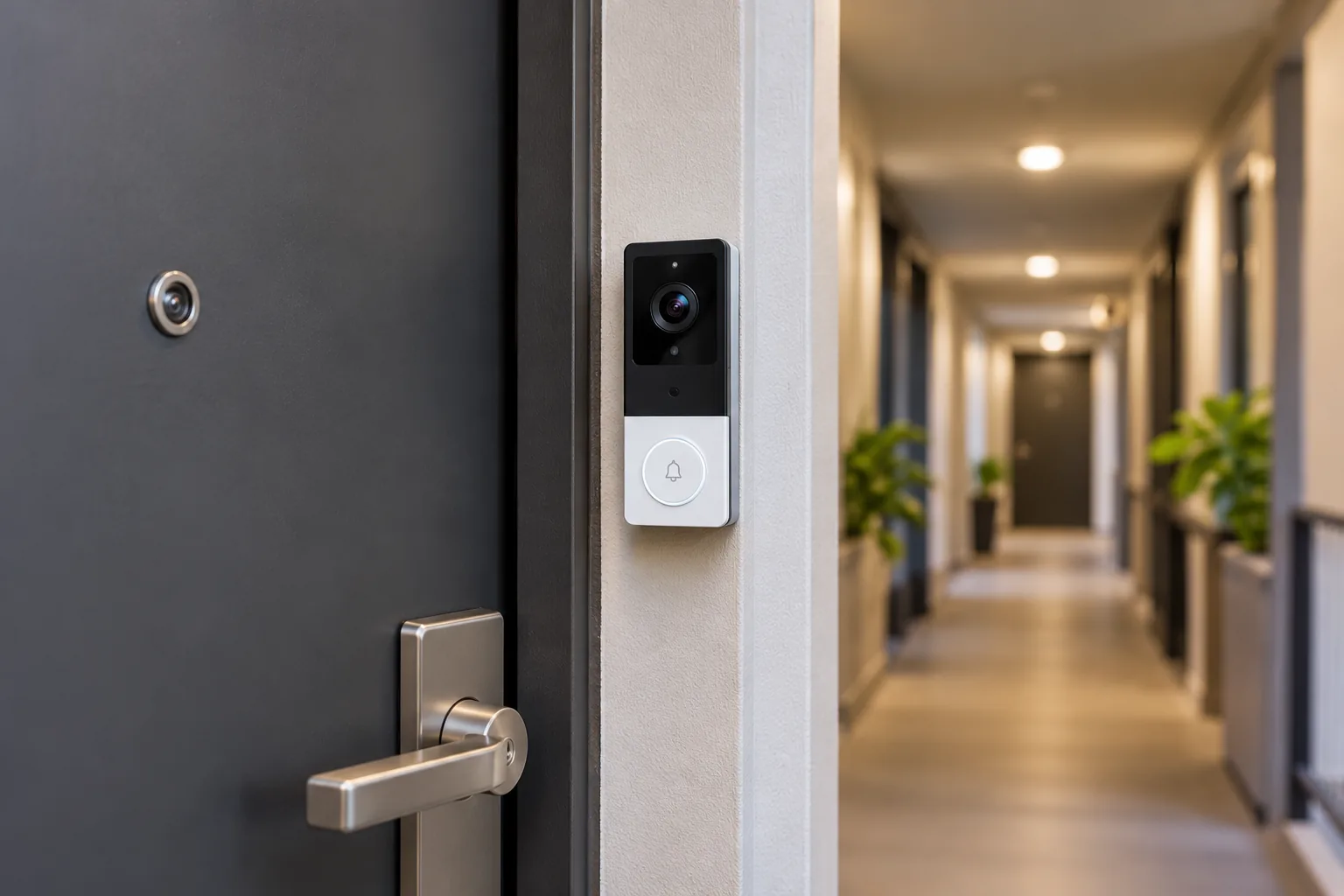 Concept illustration of a video doorbell beside an apartment door and shared hallway.