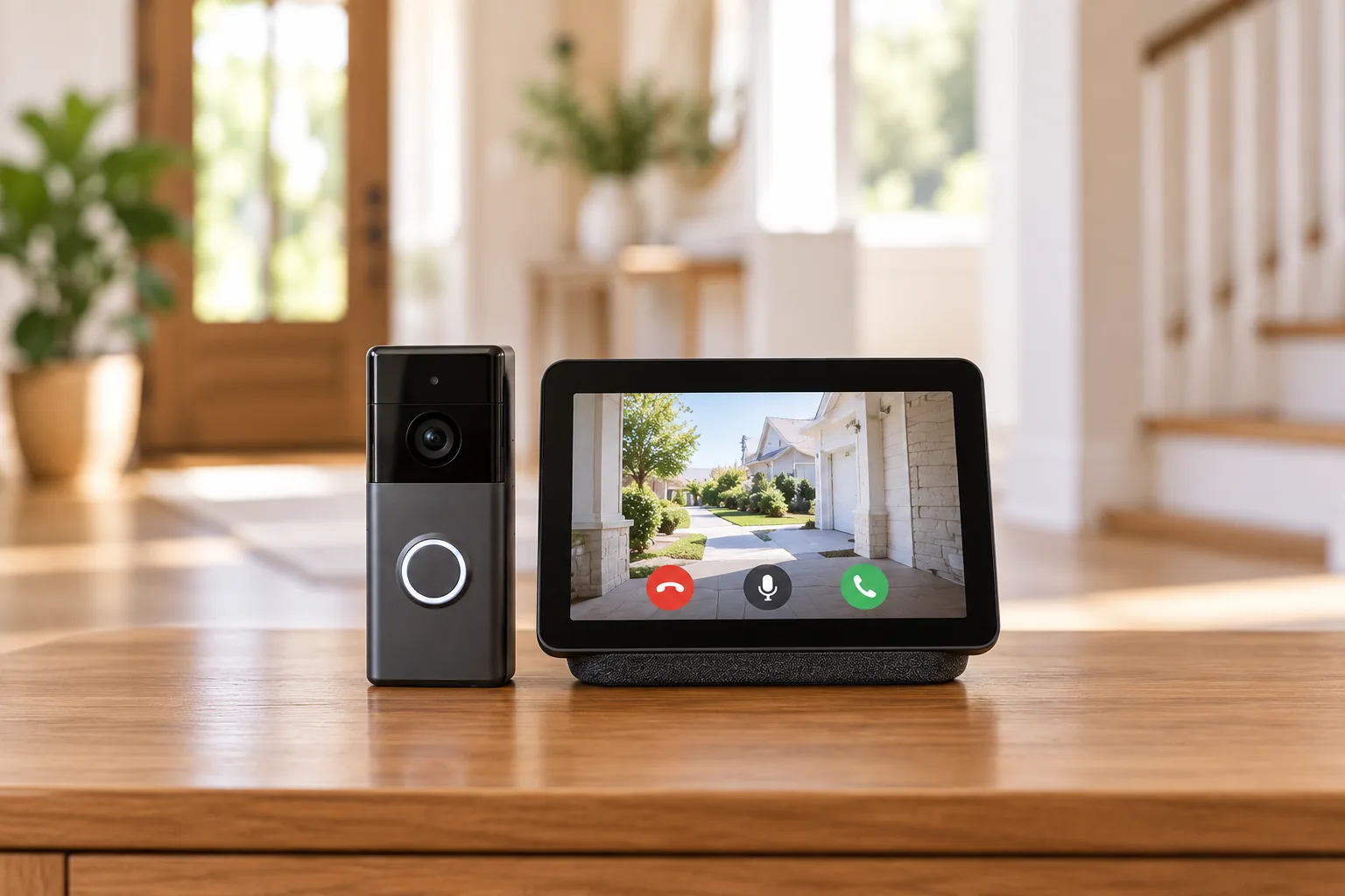 Concept illustration of an indoor display showing a porch view beside a video doorbell.