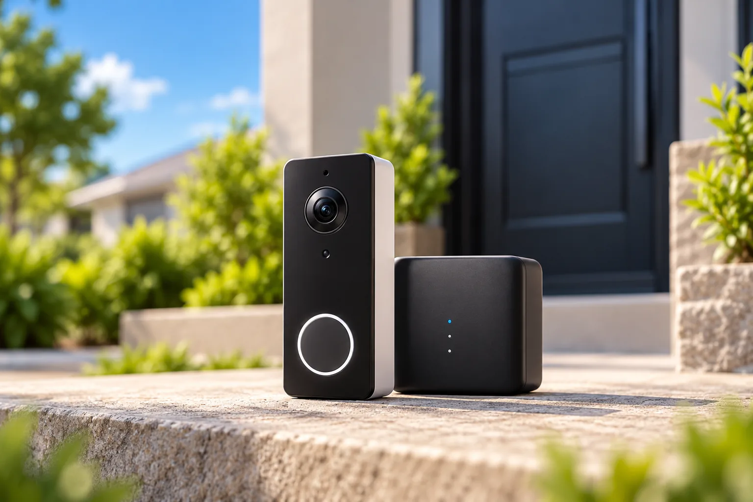 Concept illustration of a video doorbell beside a compact home recording storage unit.