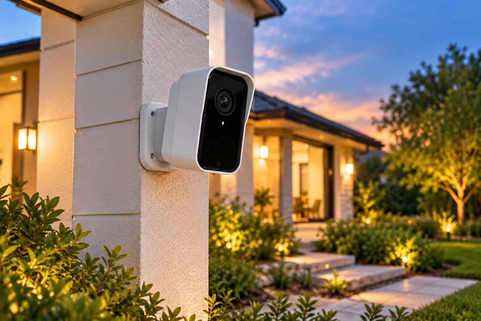 Concept illustration of an outdoor security camera mounted on a home exterior wall.