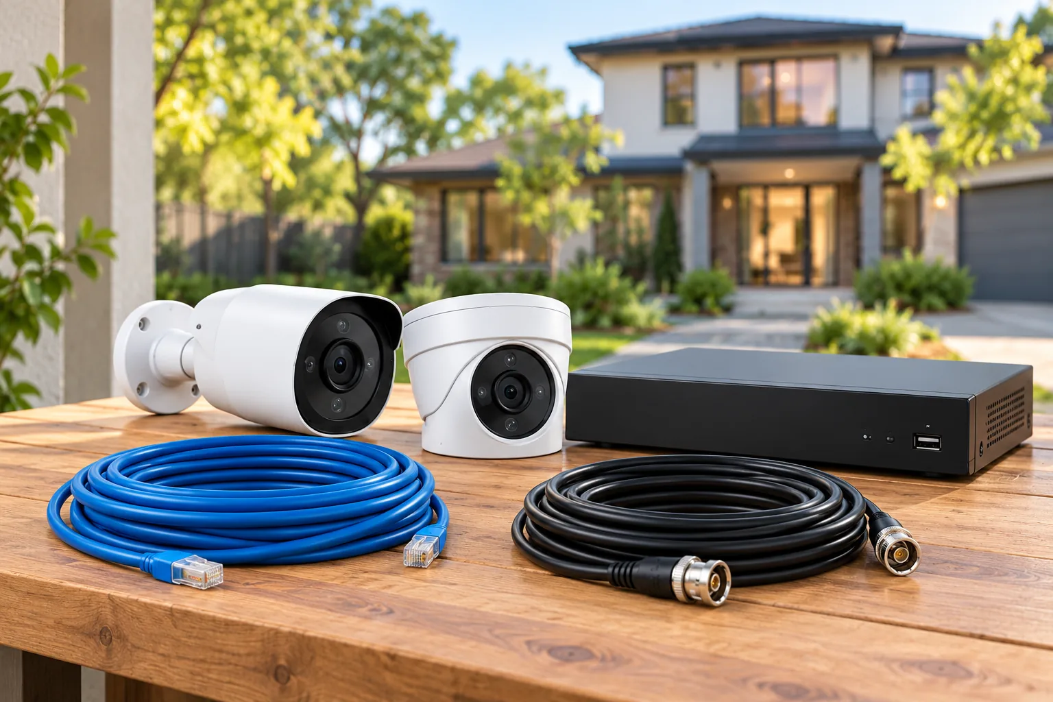 Concept illustration of security cameras, a recording unit and coiled cables on a workbench.