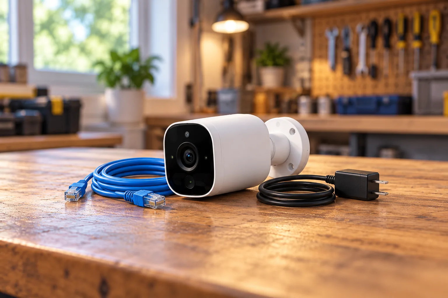 Concept illustration of a wired security camera with network and power cables on a workbench.