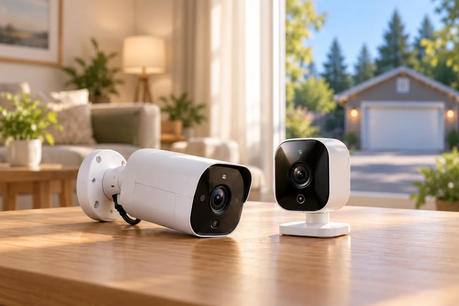 Concept illustration of two home security camera designs, including a bullet camera with a short visible cable.