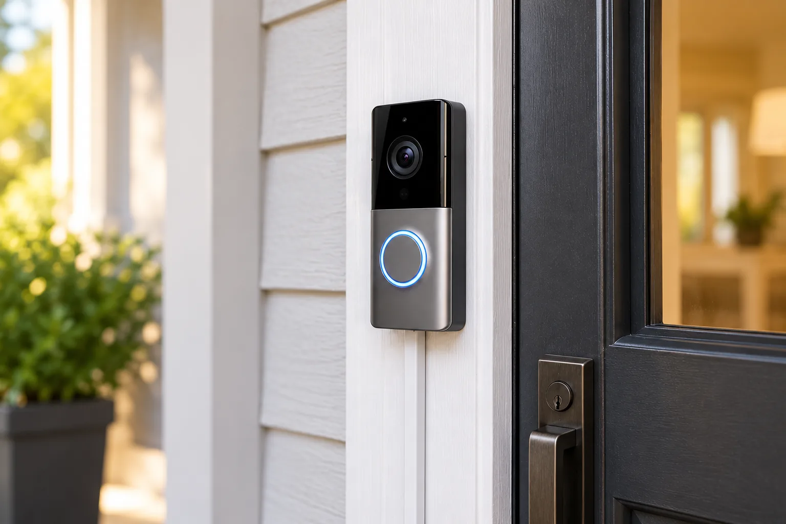 Concept illustration of a video doorbell mounted beside an entry door with a covered cable channel.