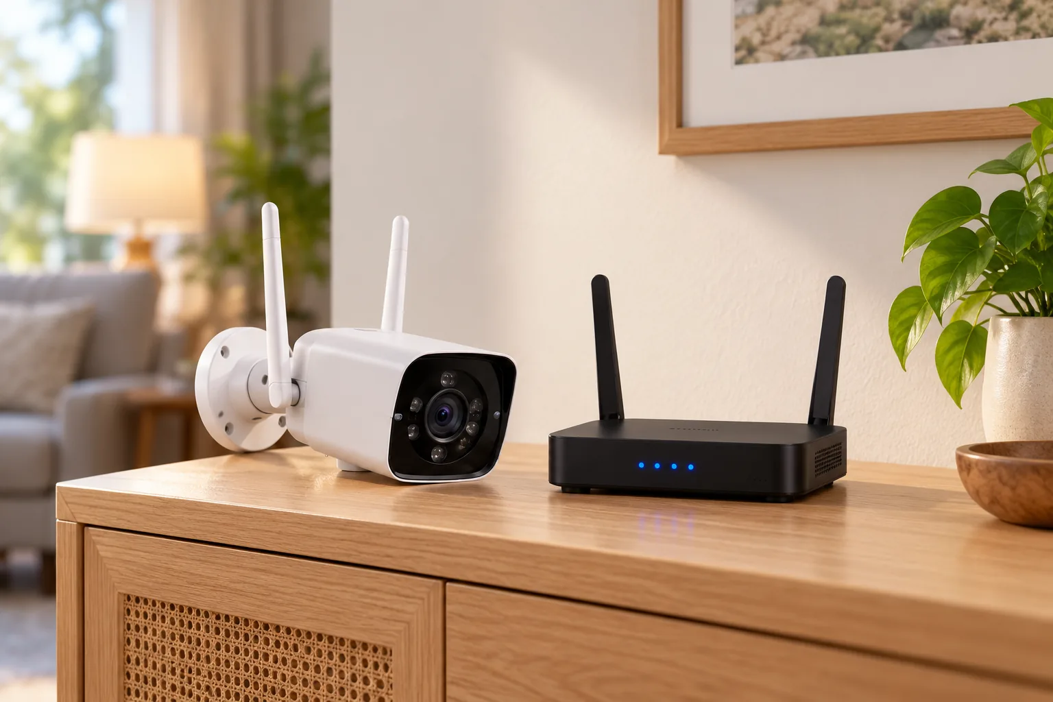 Concept illustration of a wireless security camera and a Wi-Fi router on a console.