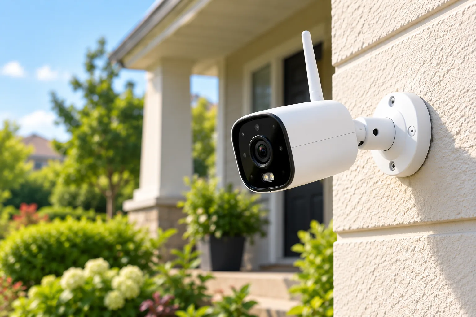 Concept illustration of a wireless security camera mounted on an exterior wall overlooking a porch.
